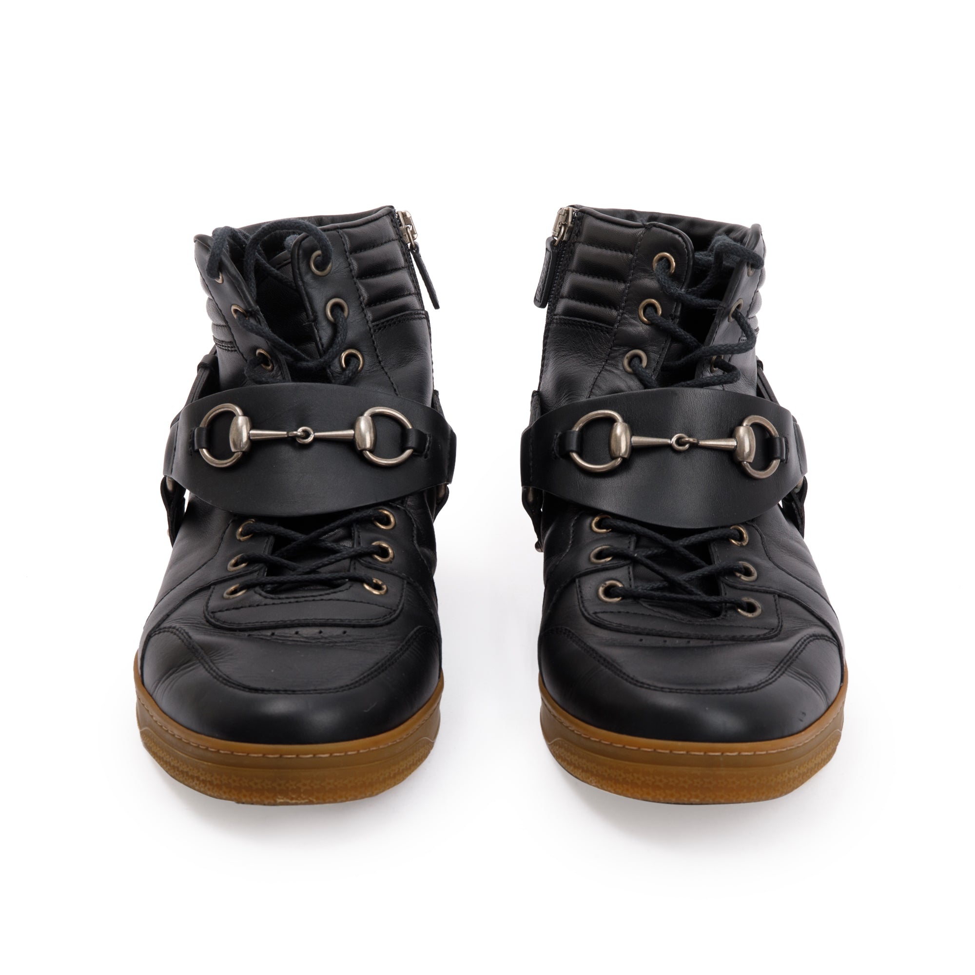 Gucci Black Leather Horsebit Accent High Top Sneakers, Size 8.5 w/ Box