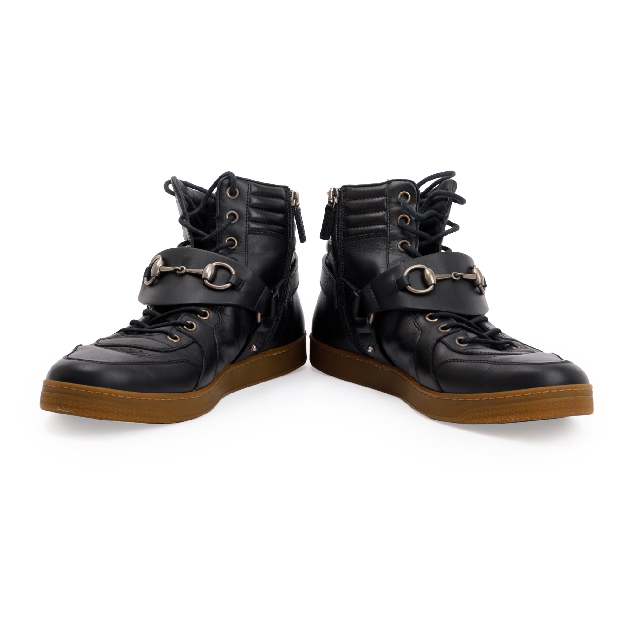 Gucci Black Leather Horsebit Accent High Top Sneakers, Size 8.5 w/ Box