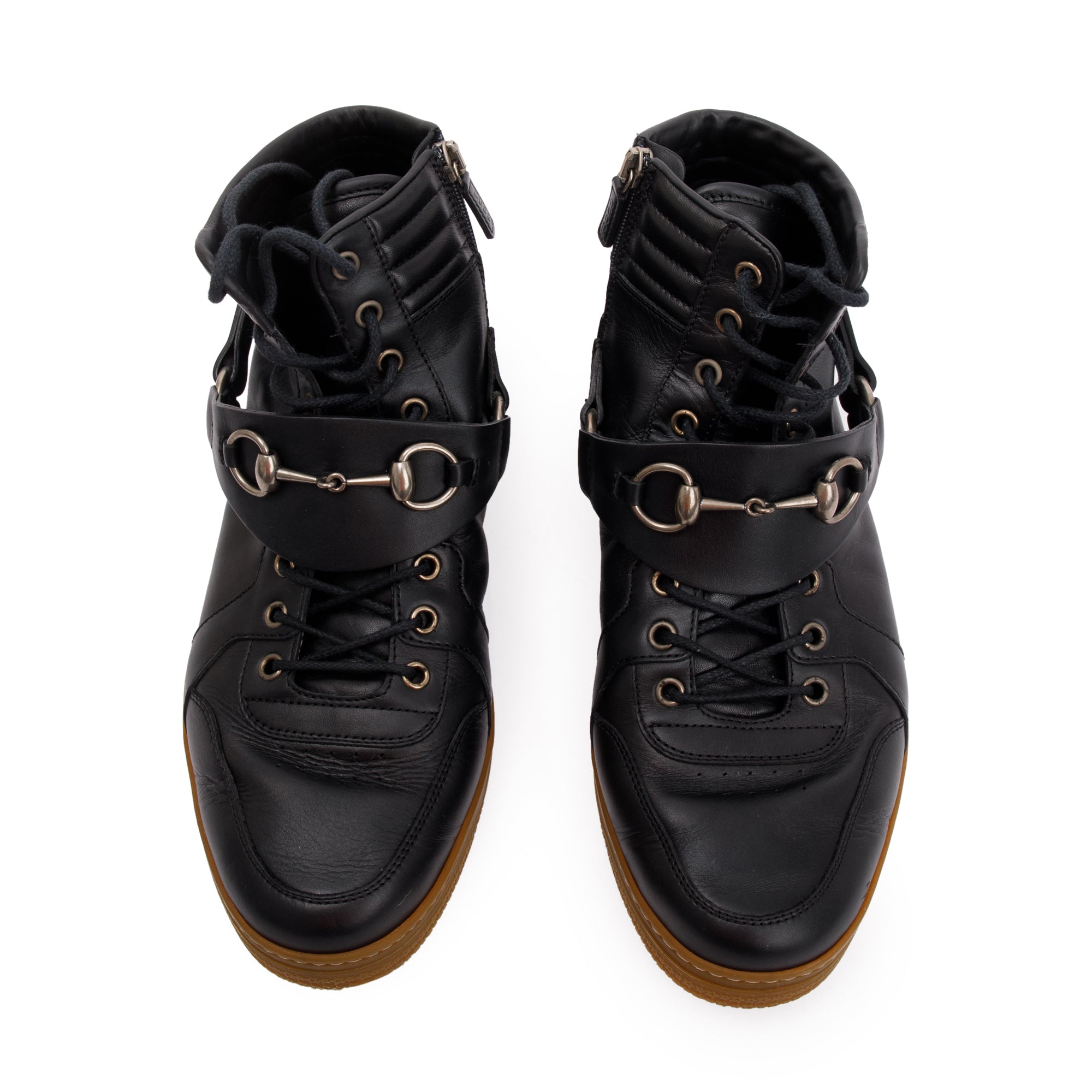 Gucci Black Leather Horsebit Accent High Top Sneakers, Size 8.5 w/ Box