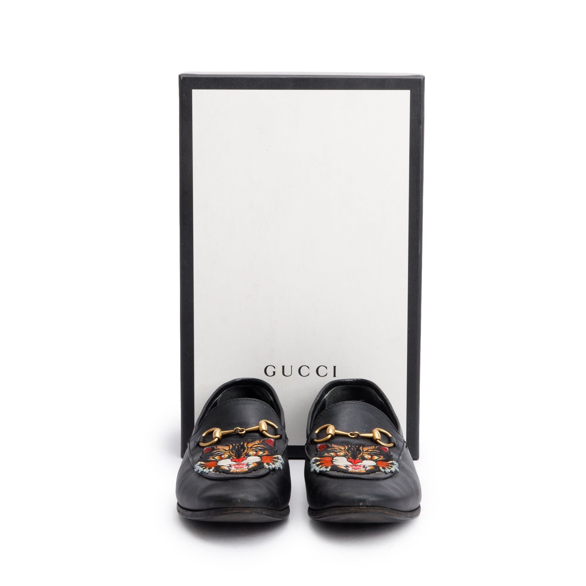 Gucci Black Leather Horsebit Accent Tiger Loafers, Size 6.5 w/ Box
