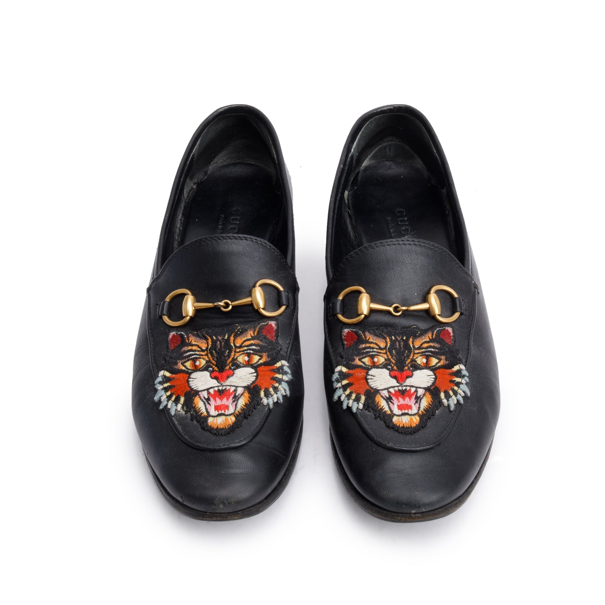 Gucci Black Leather Horsebit Accent Tiger Loafers, Size 6.5 w/ Box