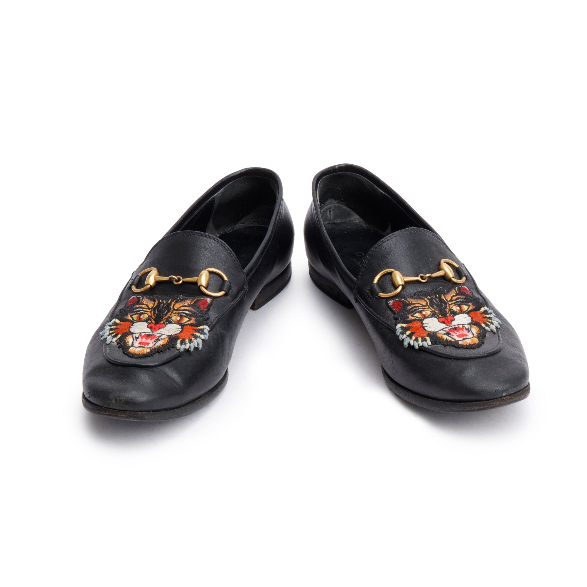 Gucci Black Leather Horsebit Accent Tiger Loafers, Size 6.5 w/ Box