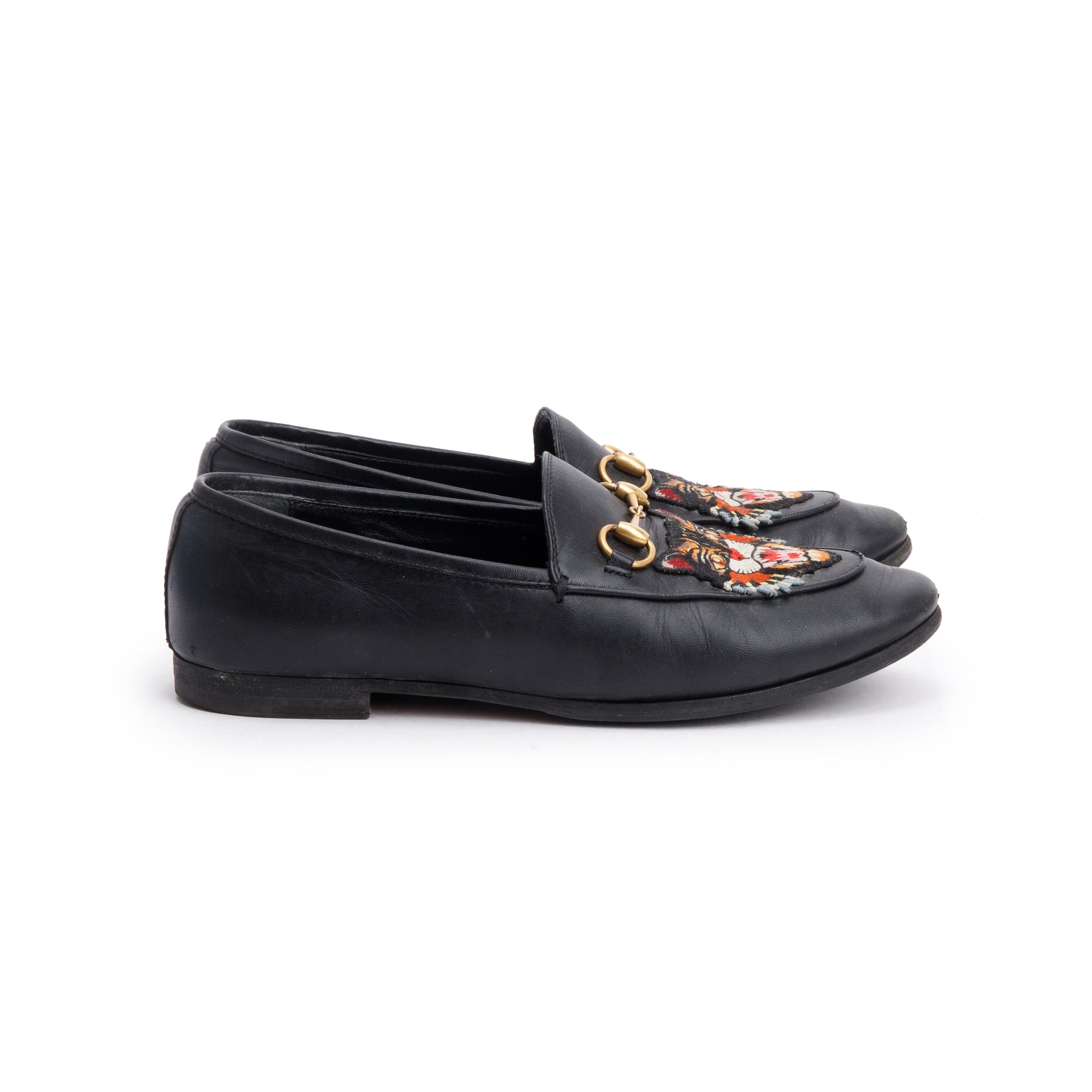 Gucci Black Leather Horsebit Accent Tiger Loafers, Size 6.5 w/ Box