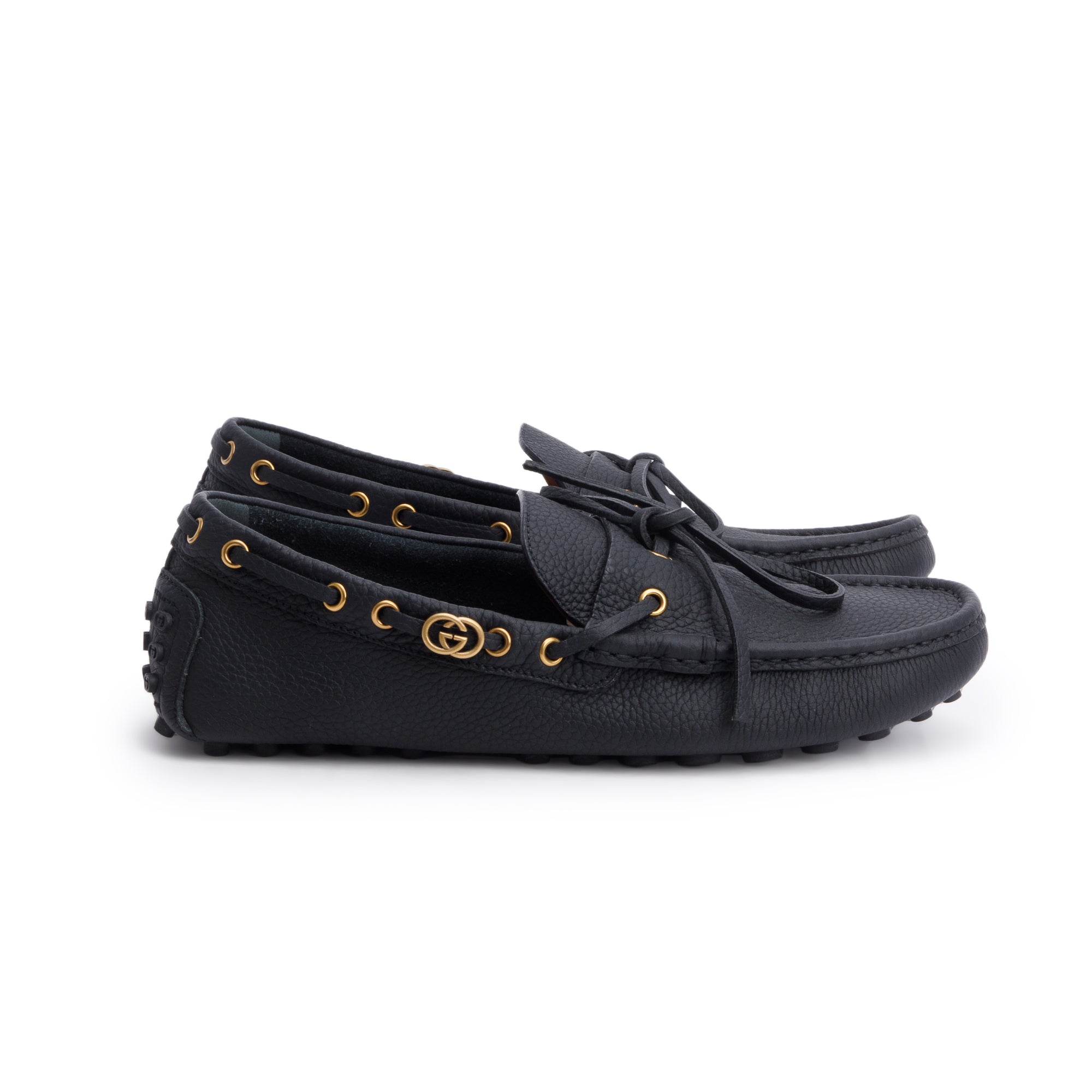 Gucci Black Leather Interlocking G Accent Drivers Loafers, Size 42