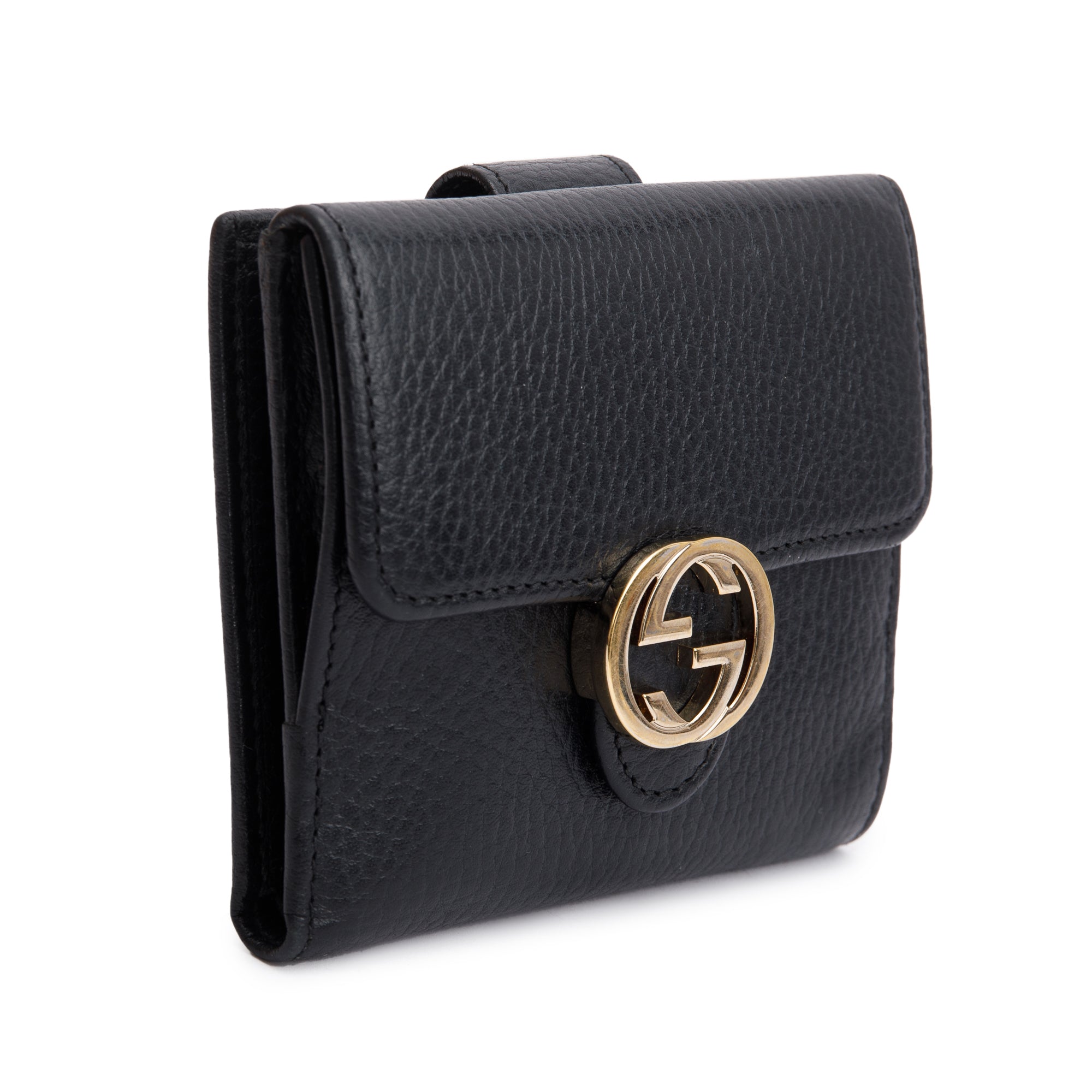 Gucci Black Leather Interlocking G Logo Compact Wallet w/ Box