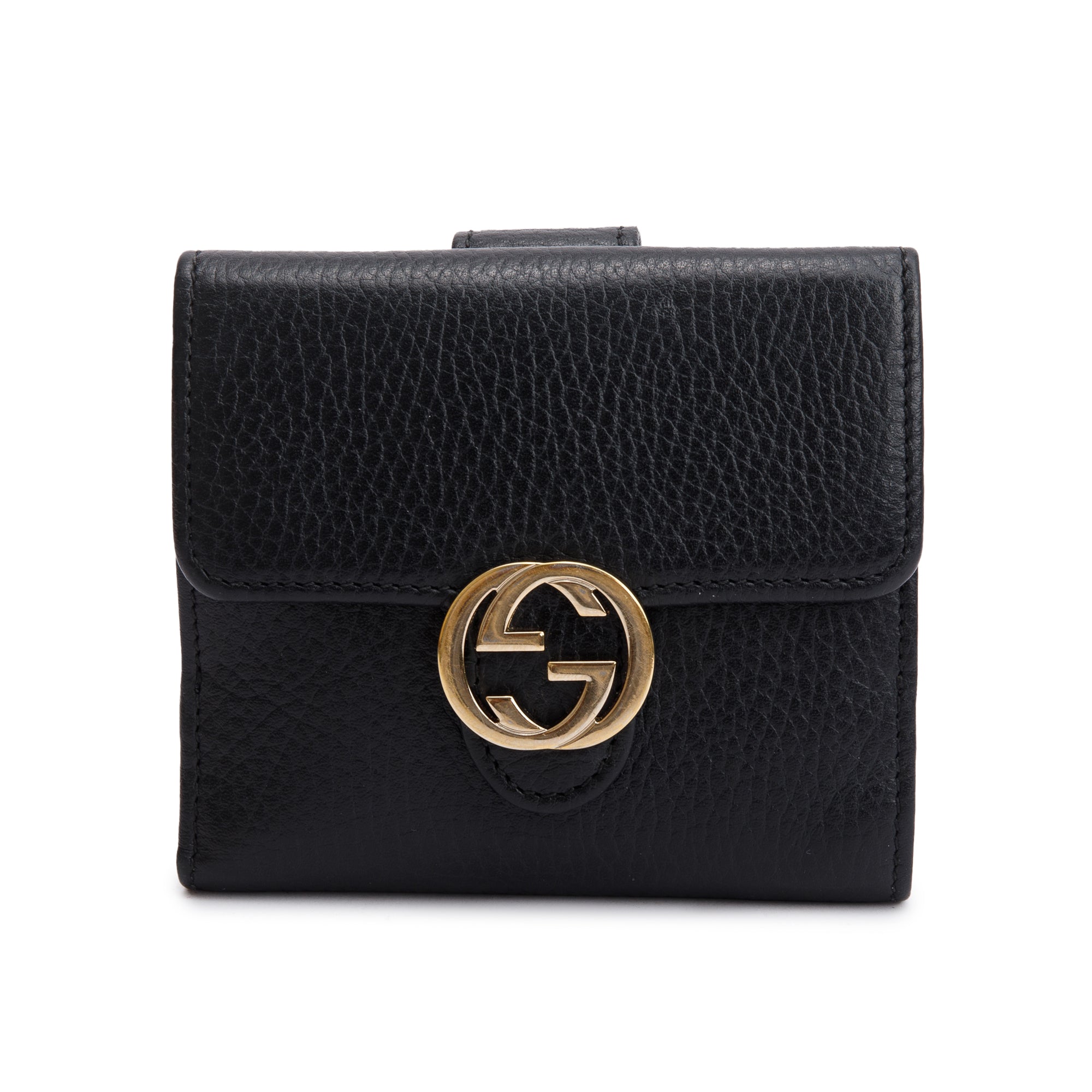 Gucci Black Leather Interlocking G Logo Compact Wallet w/ Box
