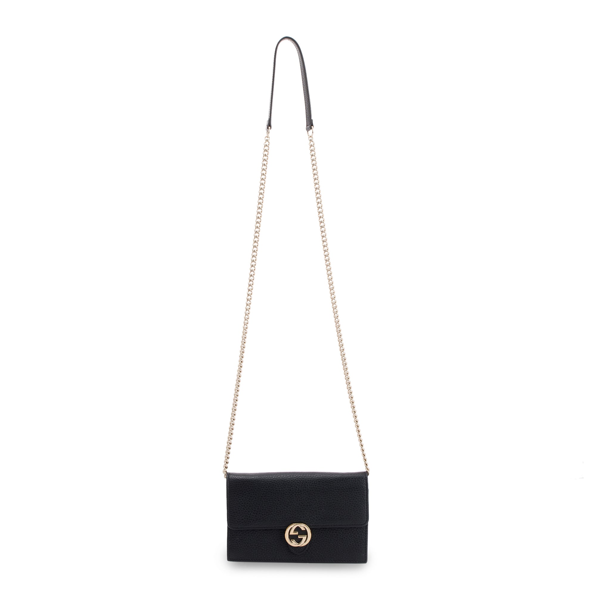 Gucci Black Leather Interlocking G Wallet on Chain w/ Box
