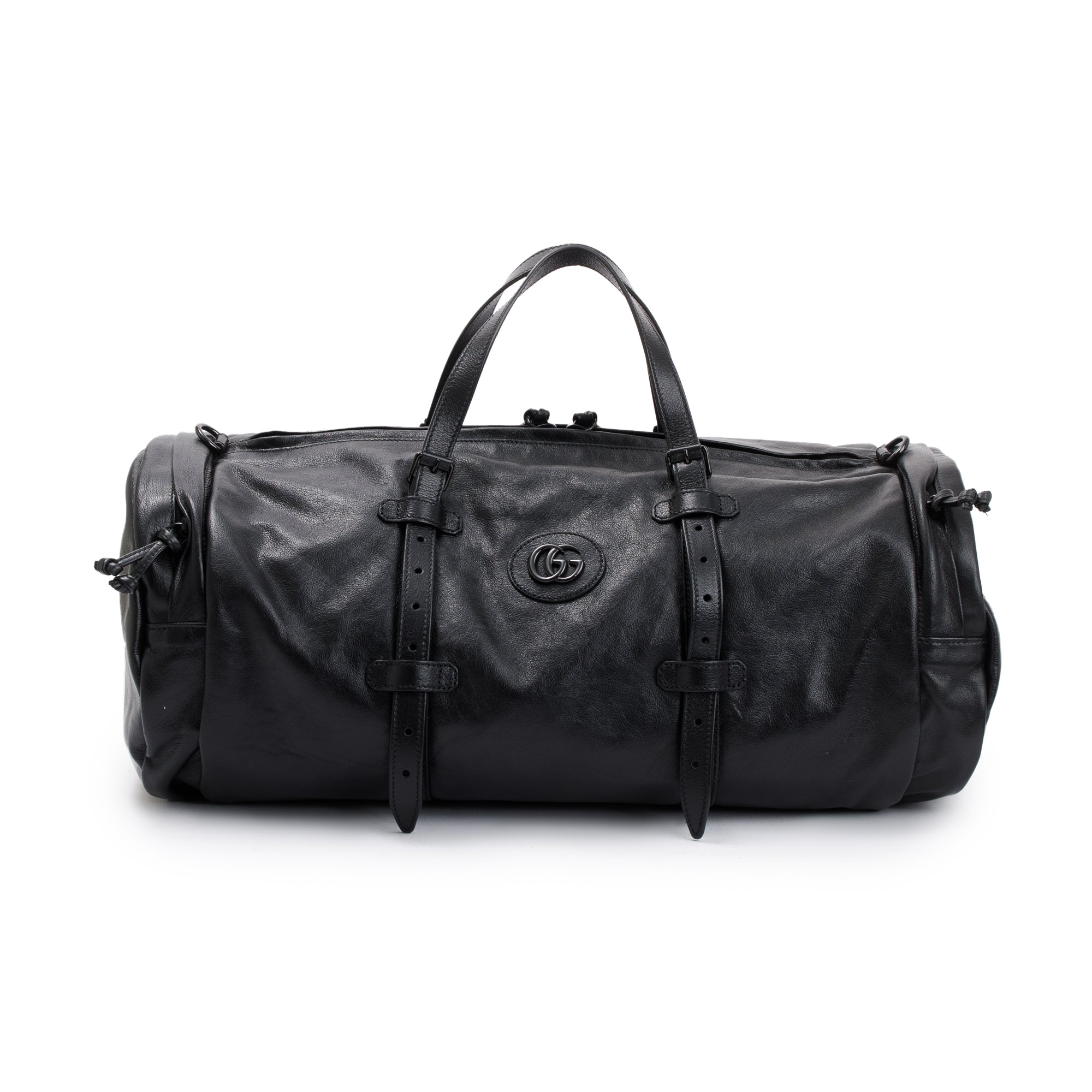 Gucci Black Leather Large Duffle Bag with Tonal Double G w/ Strap