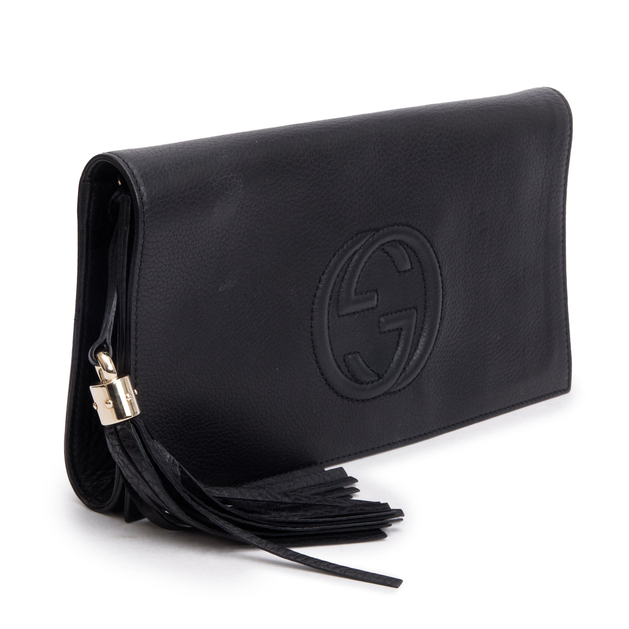 Gucci Black Leather Medium GG Soho Tassel Clutch Bag