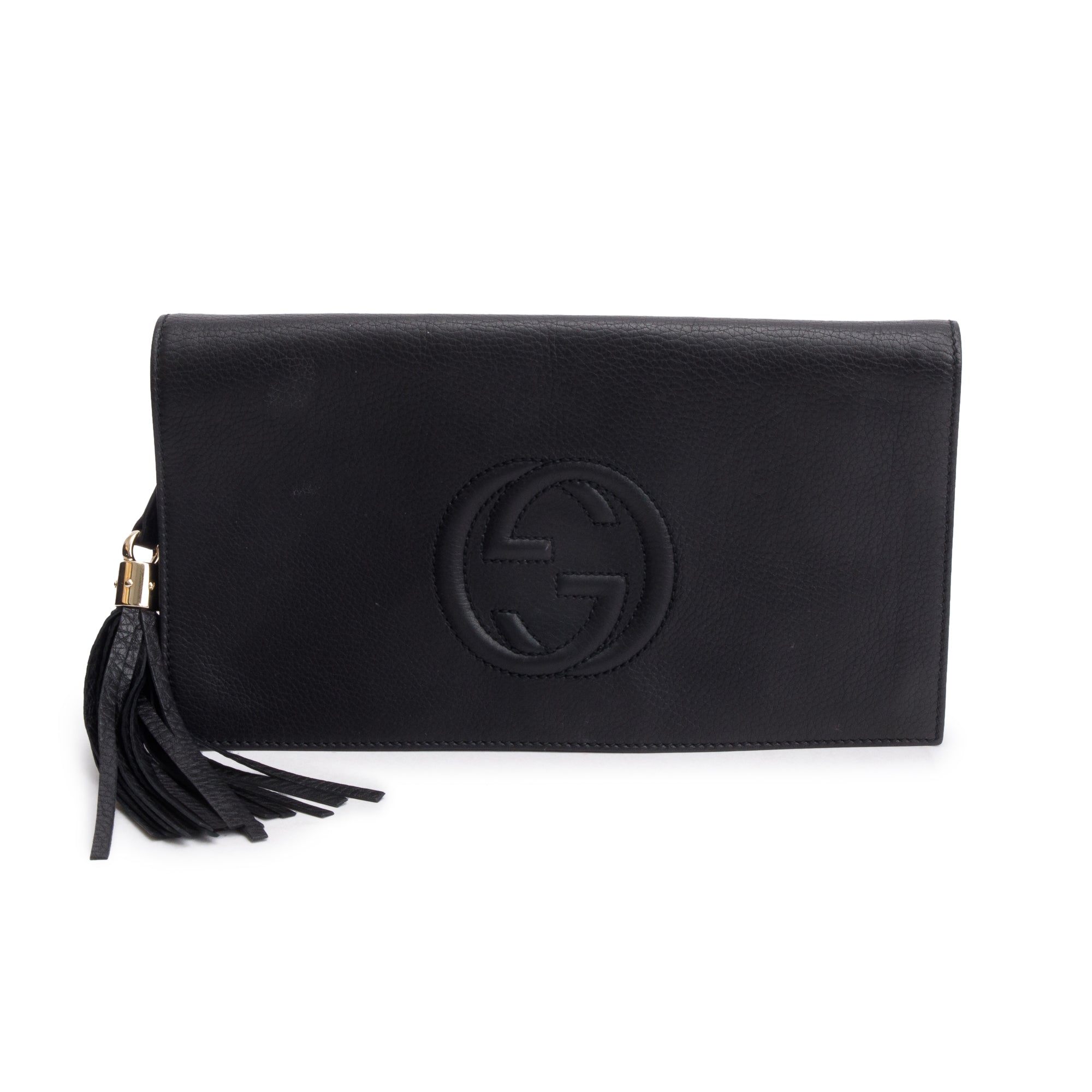 Gucci Black Leather Medium GG Soho Tassel Clutch Bag