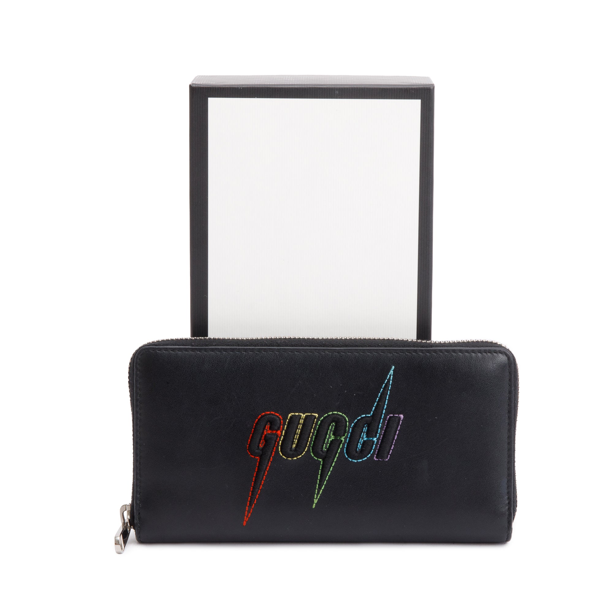 Gucci Black Leather Rainbow Blade Logo Continental Zip Wallet w/ Box