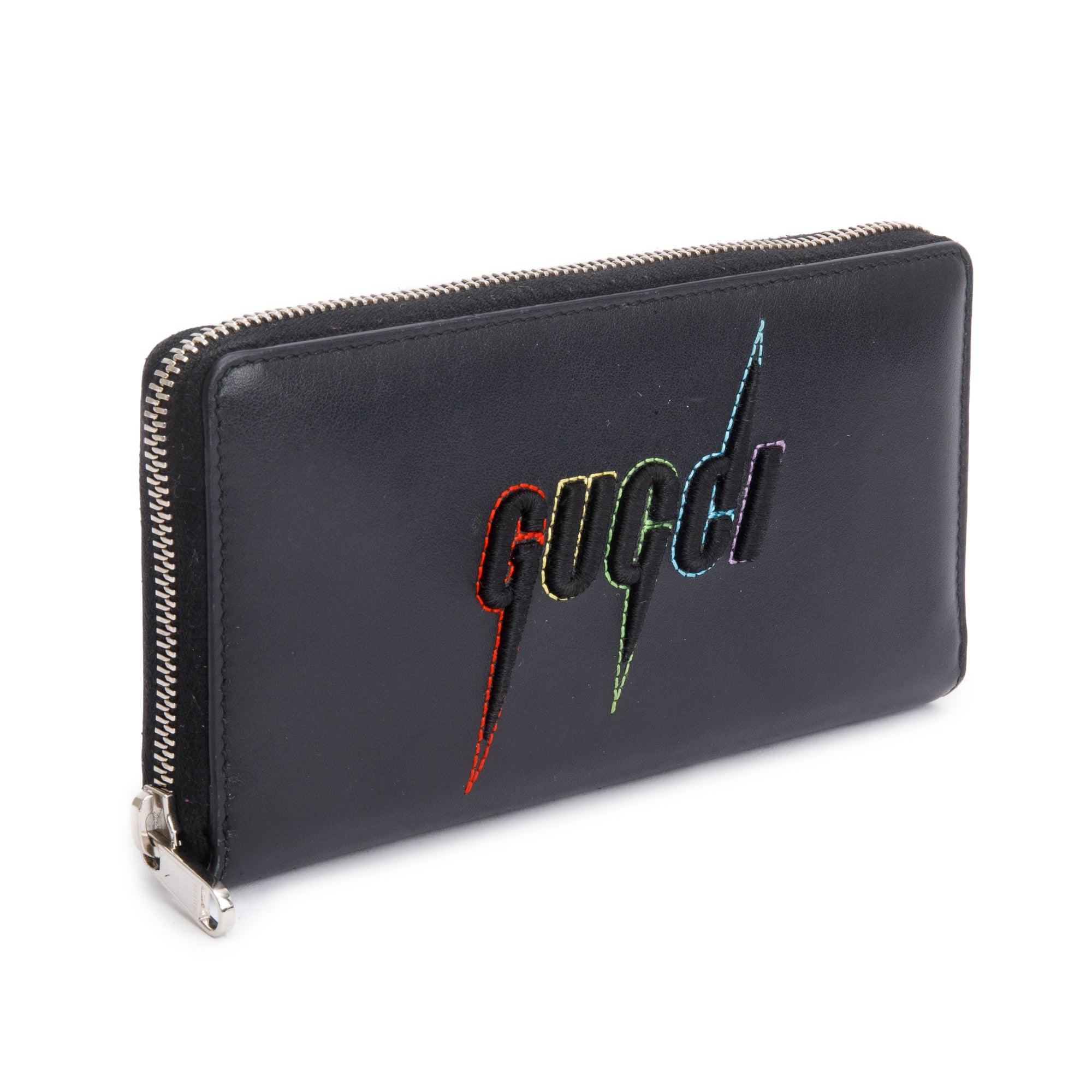 Gucci Black Leather Rainbow Blade Logo Continental Zip Wallet w/ Box
