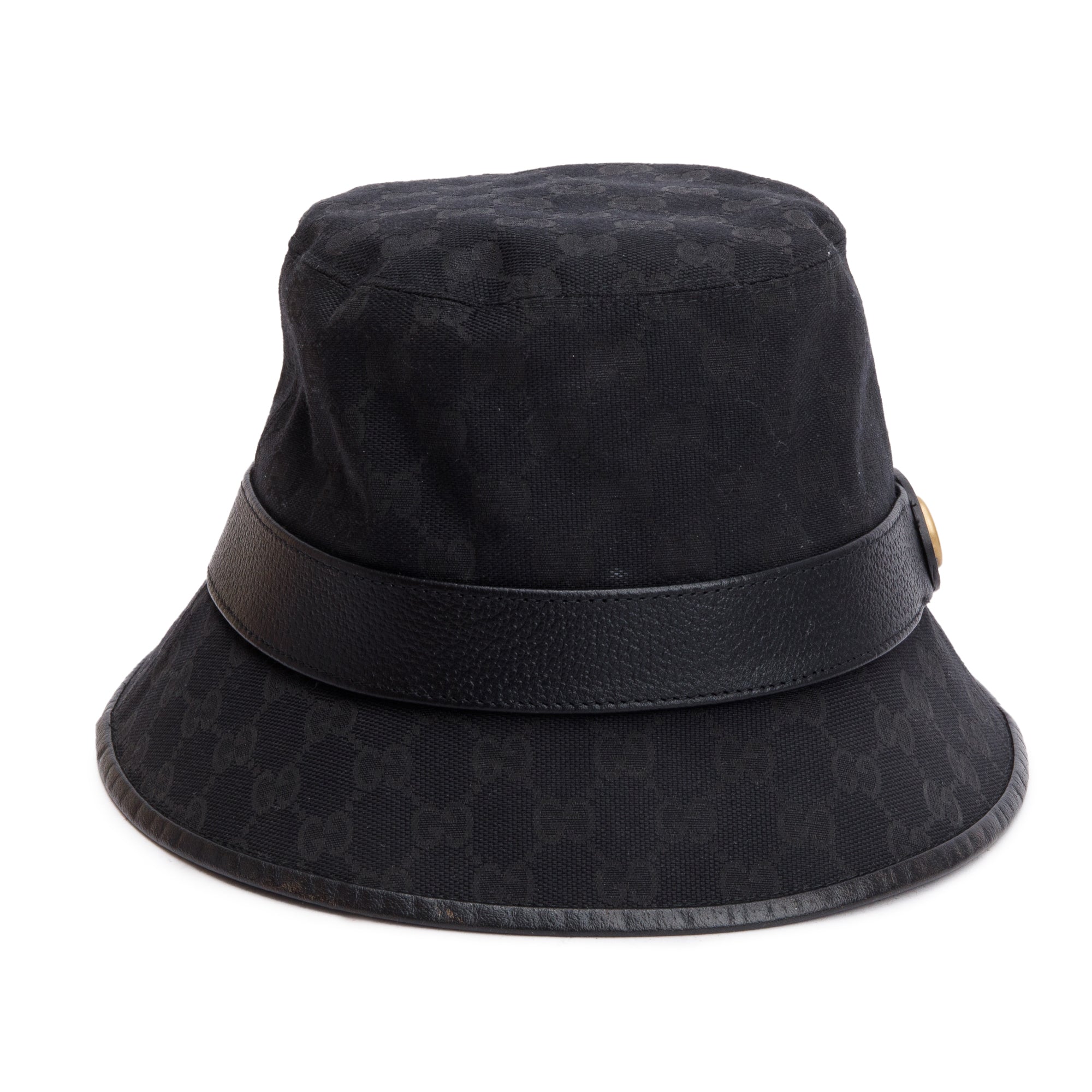 Gucci Black Leather Trimmed GG Canvas Bucket Hat, Size XL 60