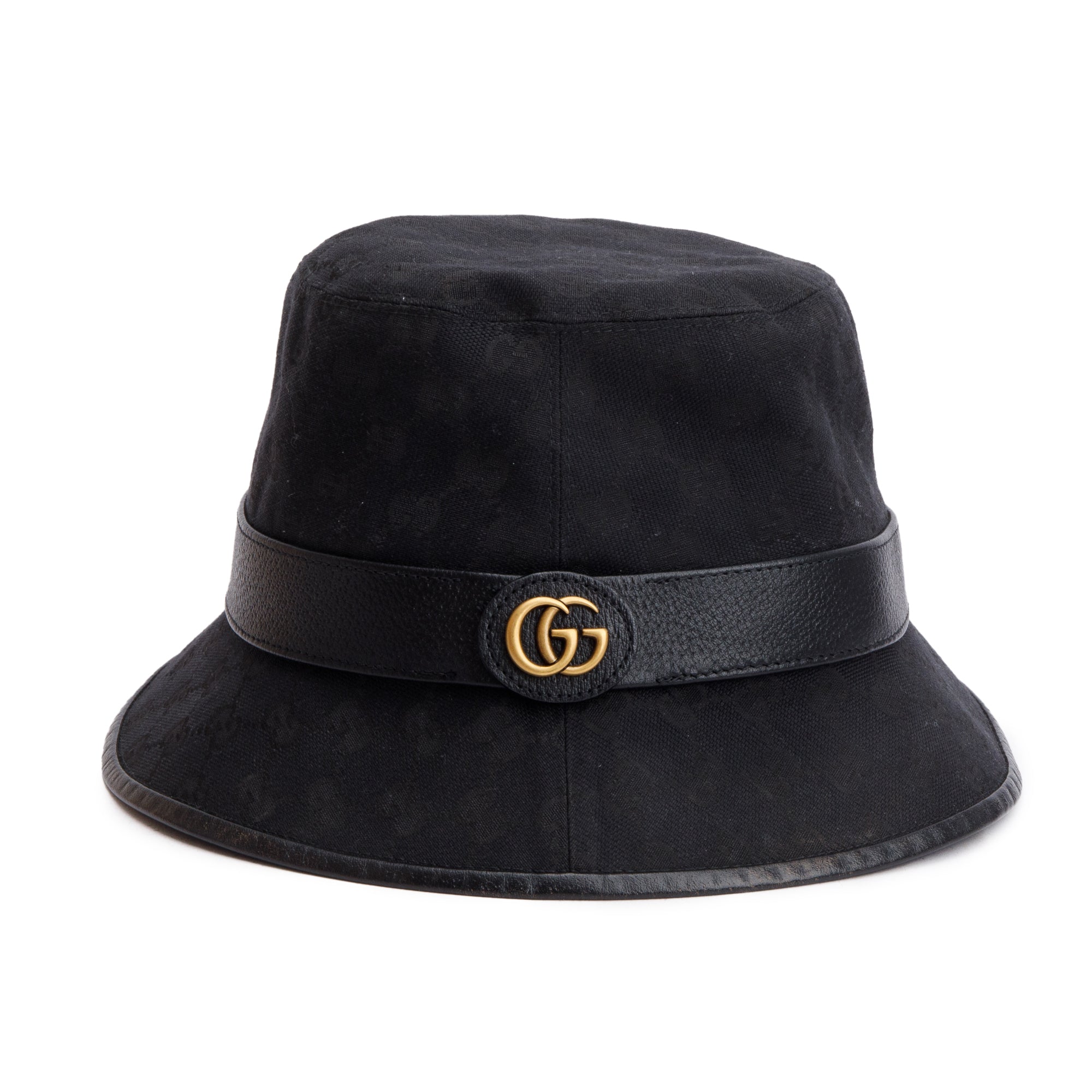 Gucci Black Leather Trimmed GG Canvas Bucket Hat, Size XL 60