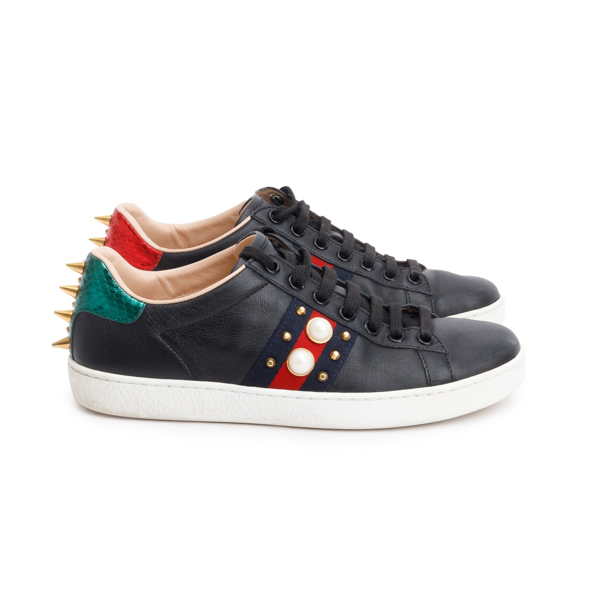 Gucci Black Leather Web Faux Pearl Studded Accent Ace Sneakers, Size 36