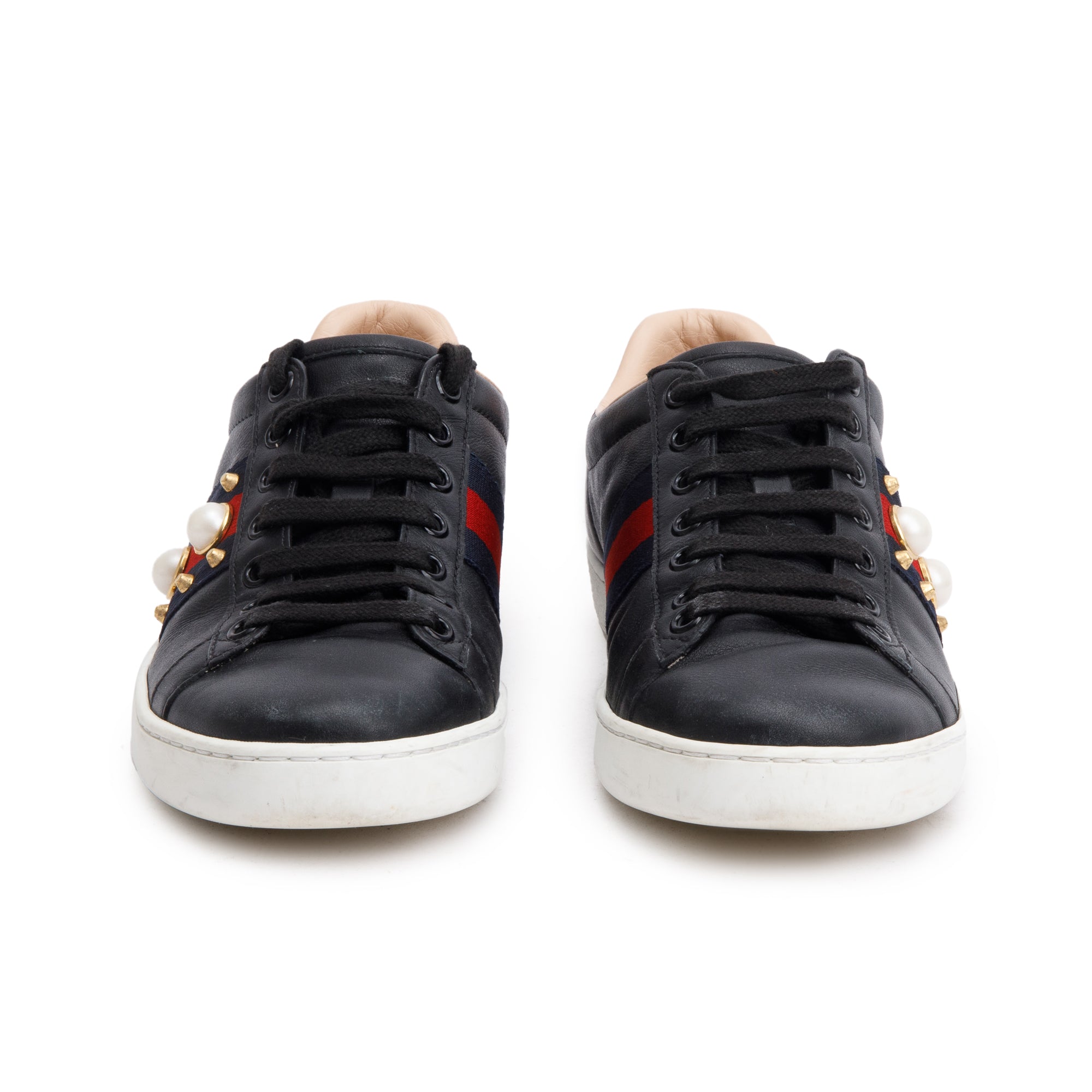 Gucci Black Leather Web Faux Pearl Studded Accent Ace Sneakers, Size 36
