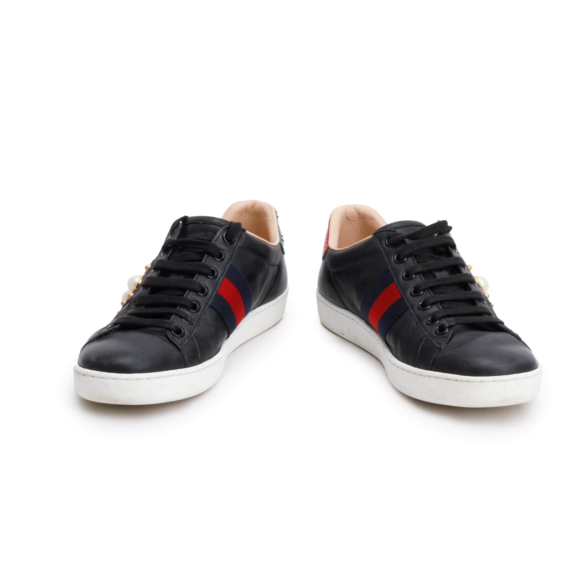 Gucci Black Leather Web Faux Pearl Studded Accent Ace Sneakers, Size 36