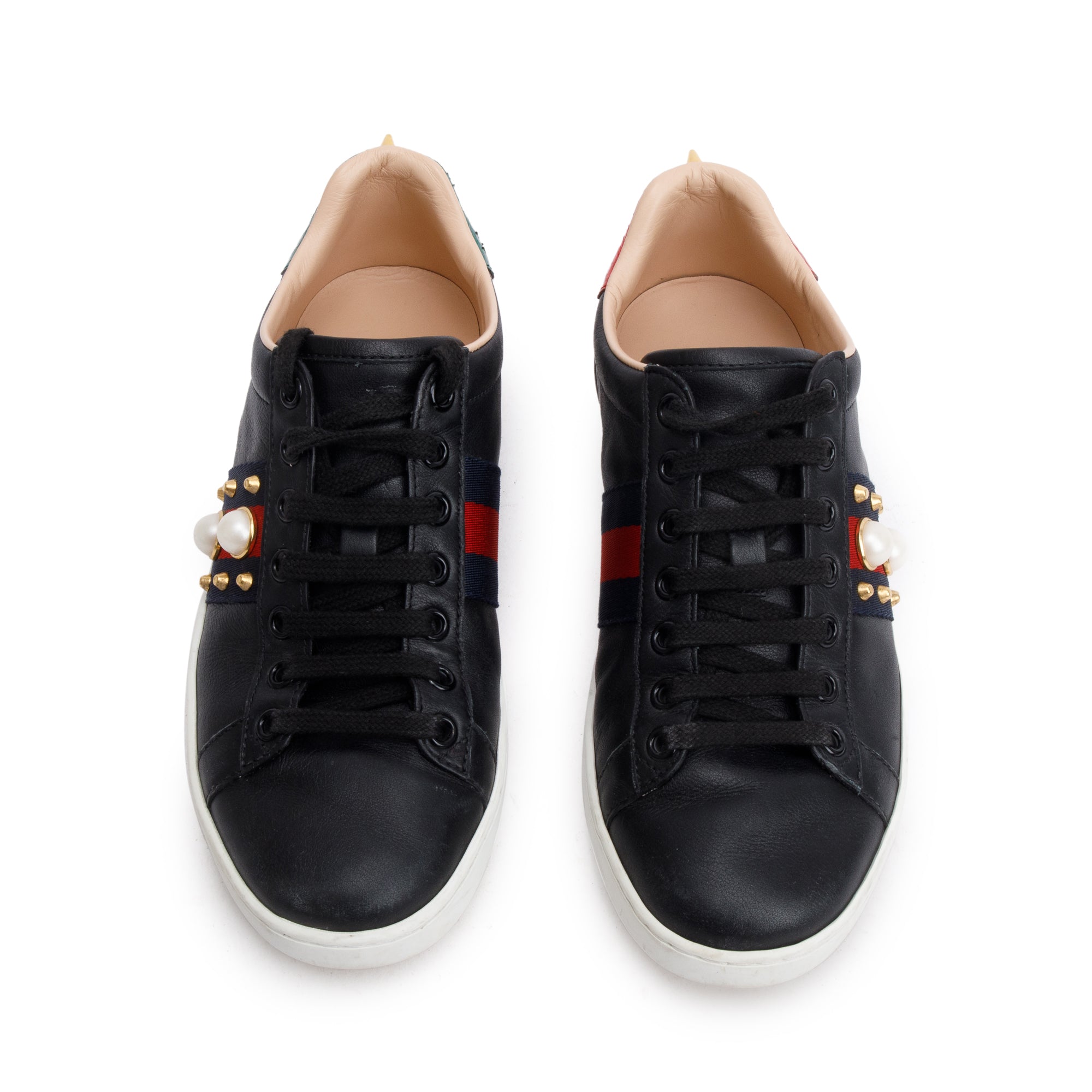 Gucci Black Leather Web Faux Pearl Studded Accent Ace Sneakers, Size 36