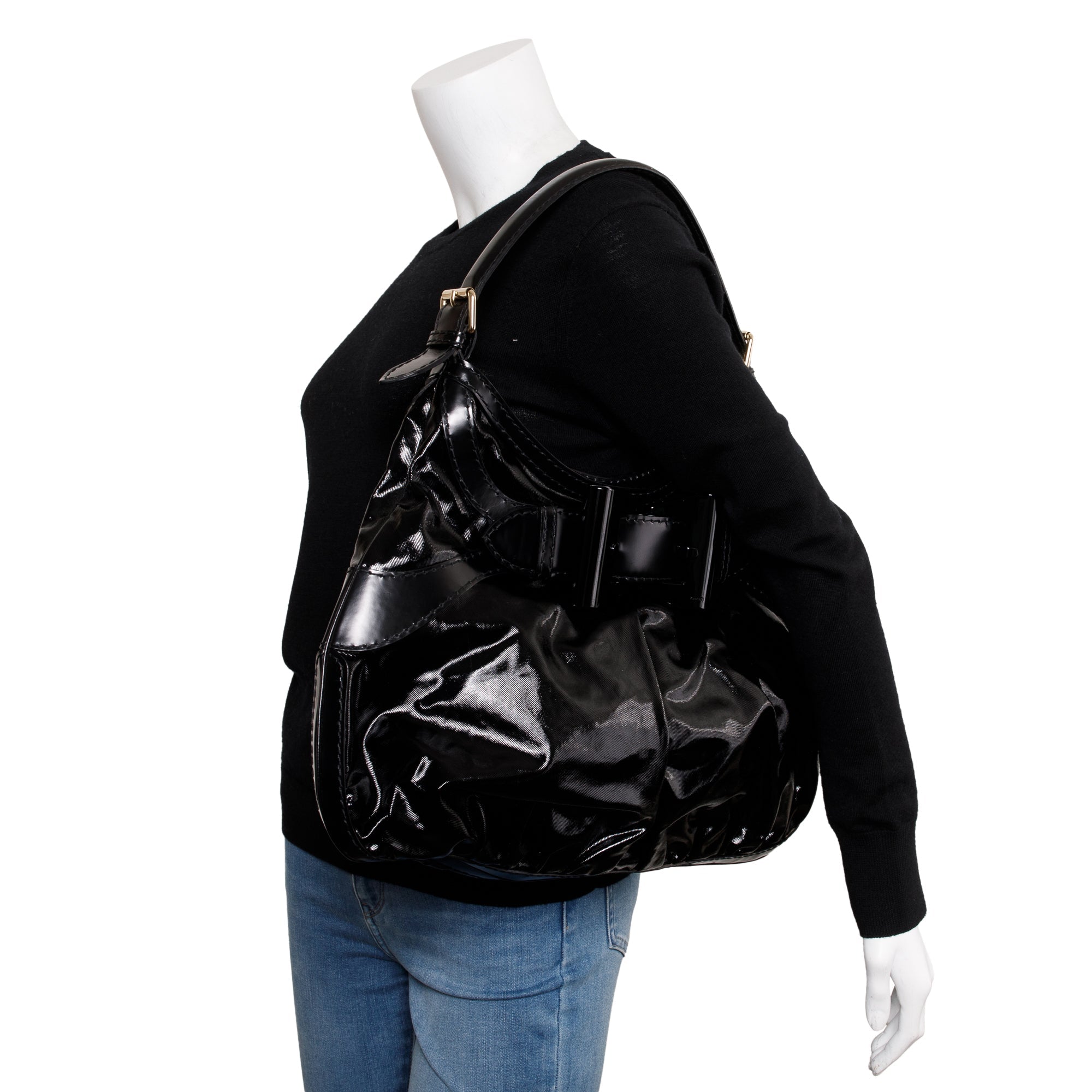 Gucci Black Leather trim Dialux Coated Canvas Large Queen Bow Hobo