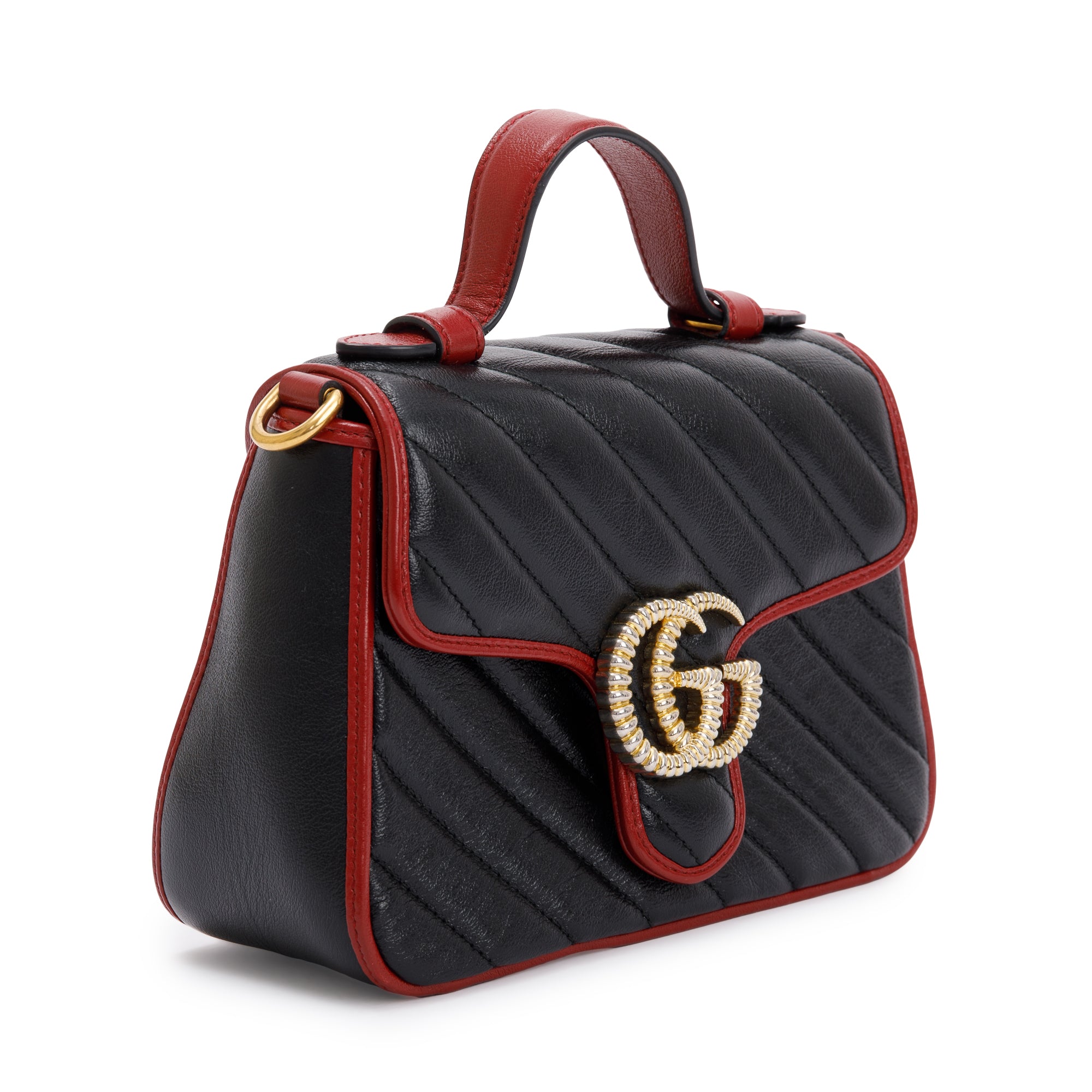 Gucci Black Matelasse Diagonal Mini Torchon GG Marmont Top Handle Bag w/ Strap