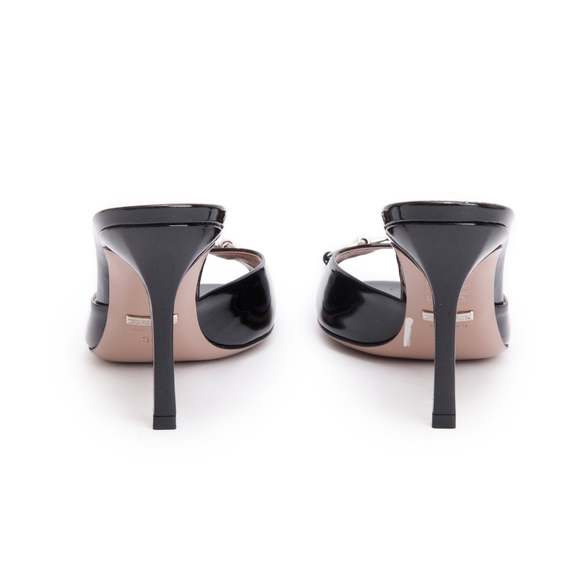Gucci Black Patent Leather Horsebit Peep-Toe Sandals, Size 37 w/ Box