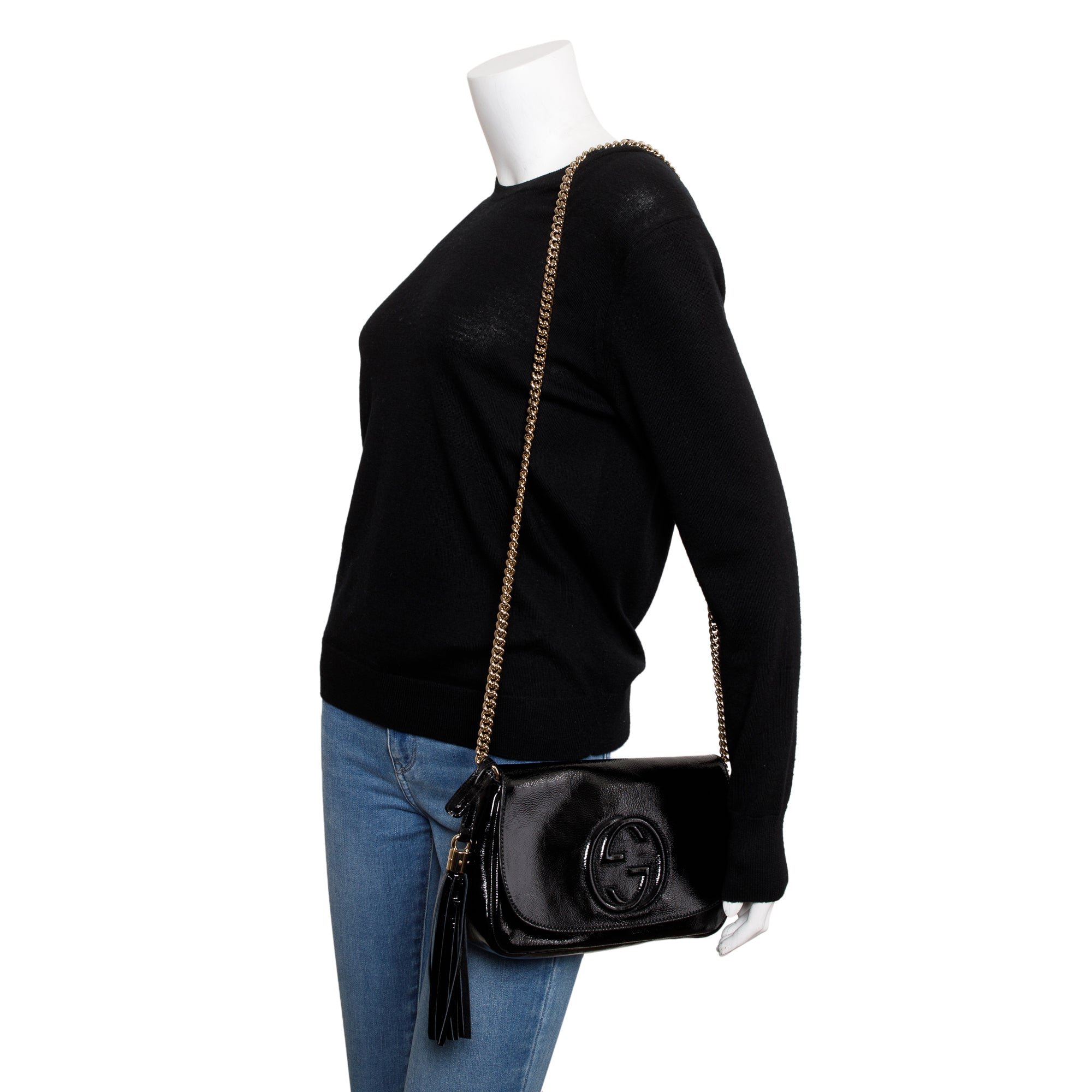 Gucci Black Patent Leather Medium Soho Chain Crossbody Bag