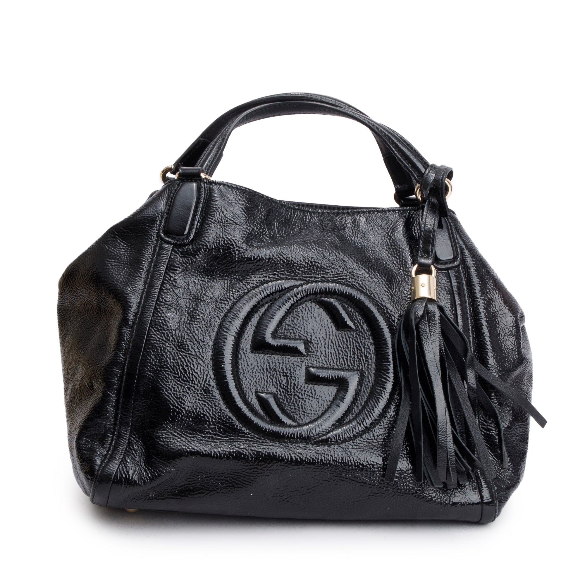 Gucci Black Patent Leather Small Convertible Soho Hobo Bag w/ Strap