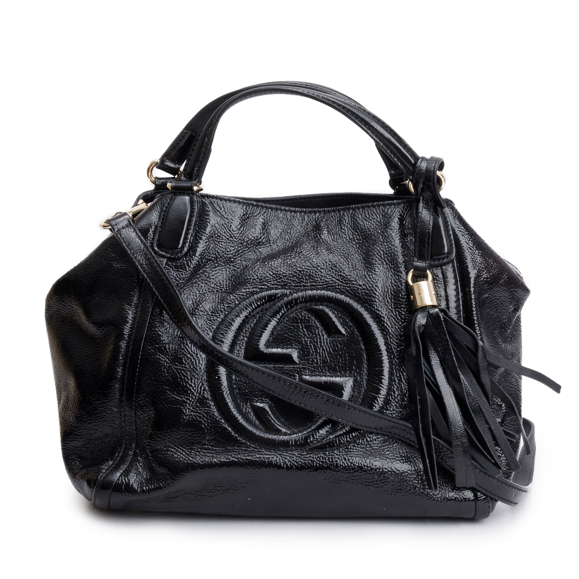 Gucci Black Patent Leather Small Convertible Soho Hobo Bag w/ Strap