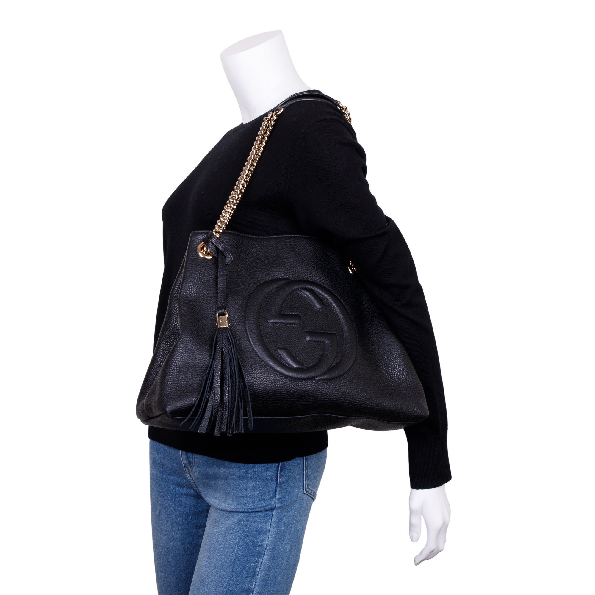 Gucci Black Pebbled Calfksin Leather Medium Soho Chain Tote