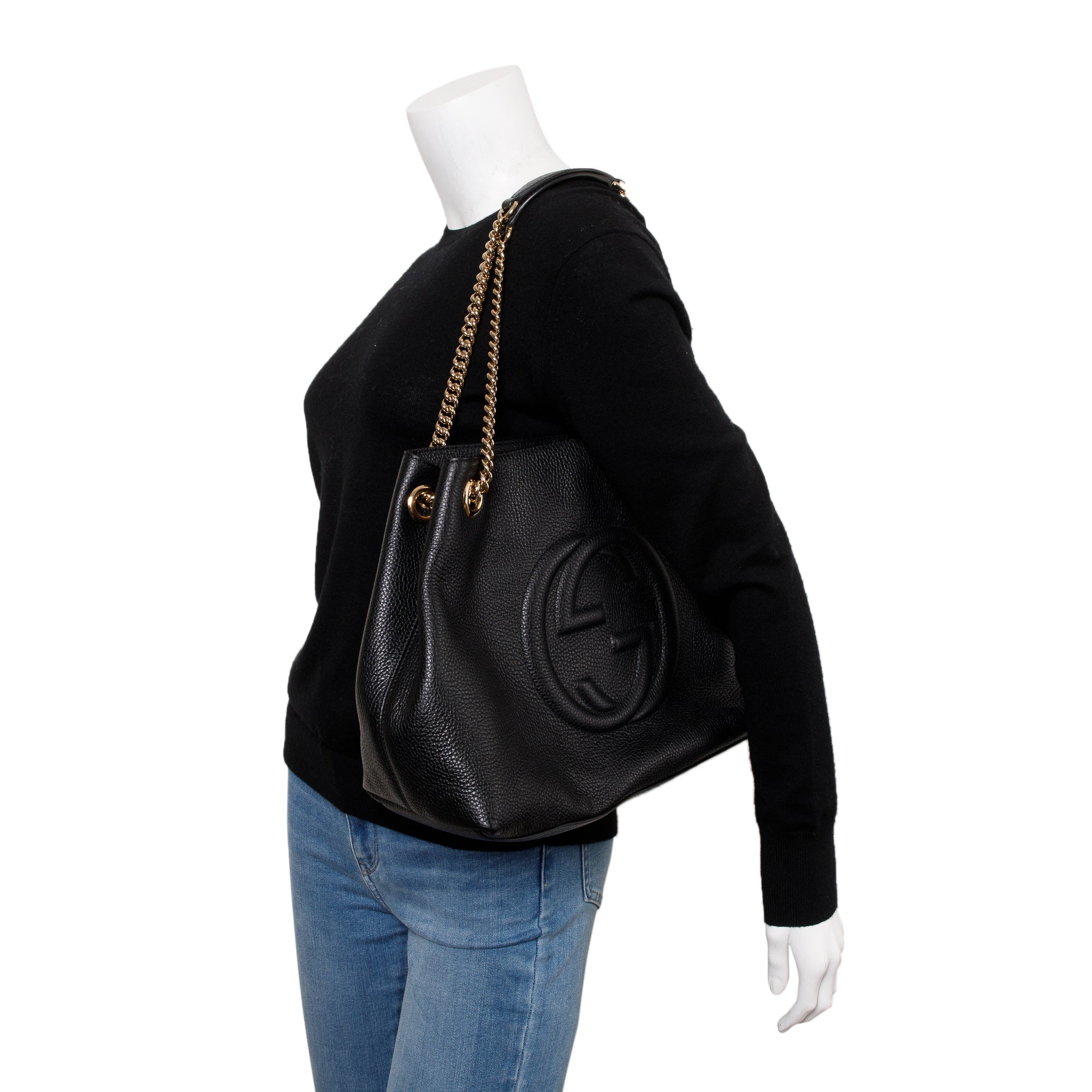 Gucci Black Pebbled Calfksin Leather Medium Soho Chain Tote