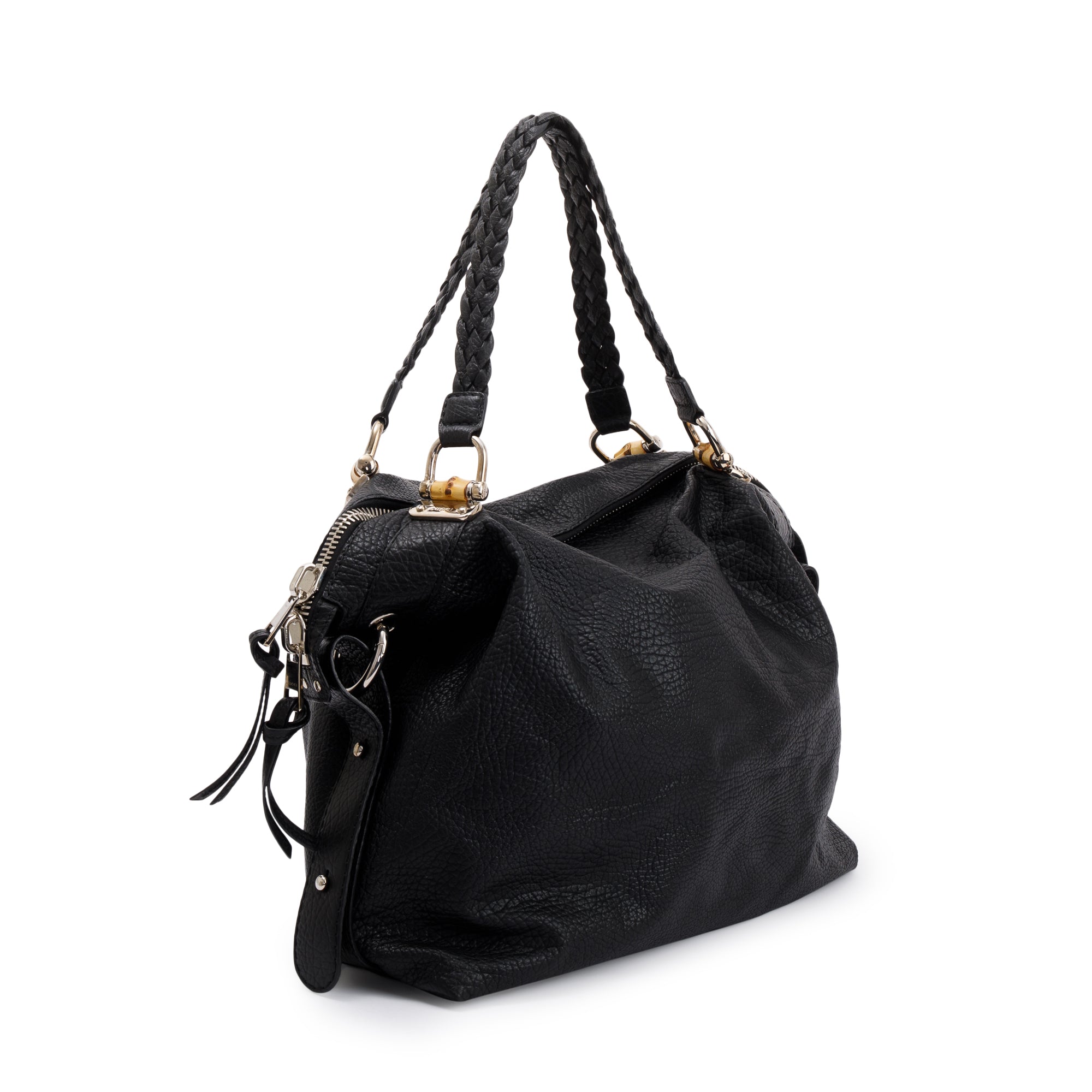 Gucci Black Pebbled Calfskin Leather Large Bamboo Bar Tote