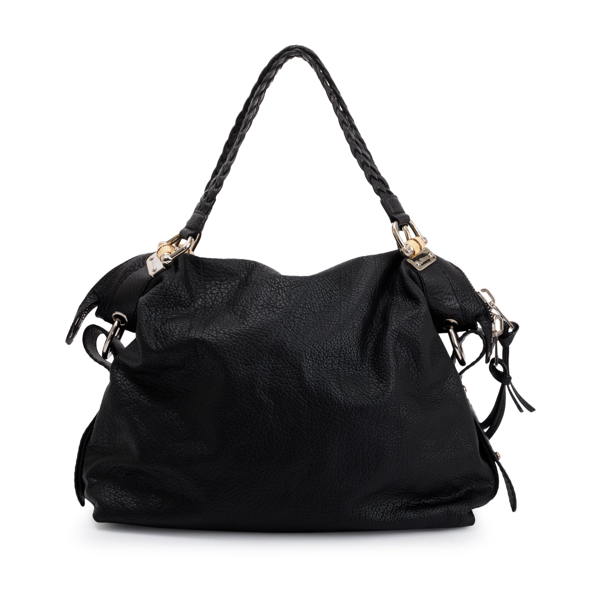 Gucci Black Pebbled Calfskin Leather Large Bamboo Bar Tote