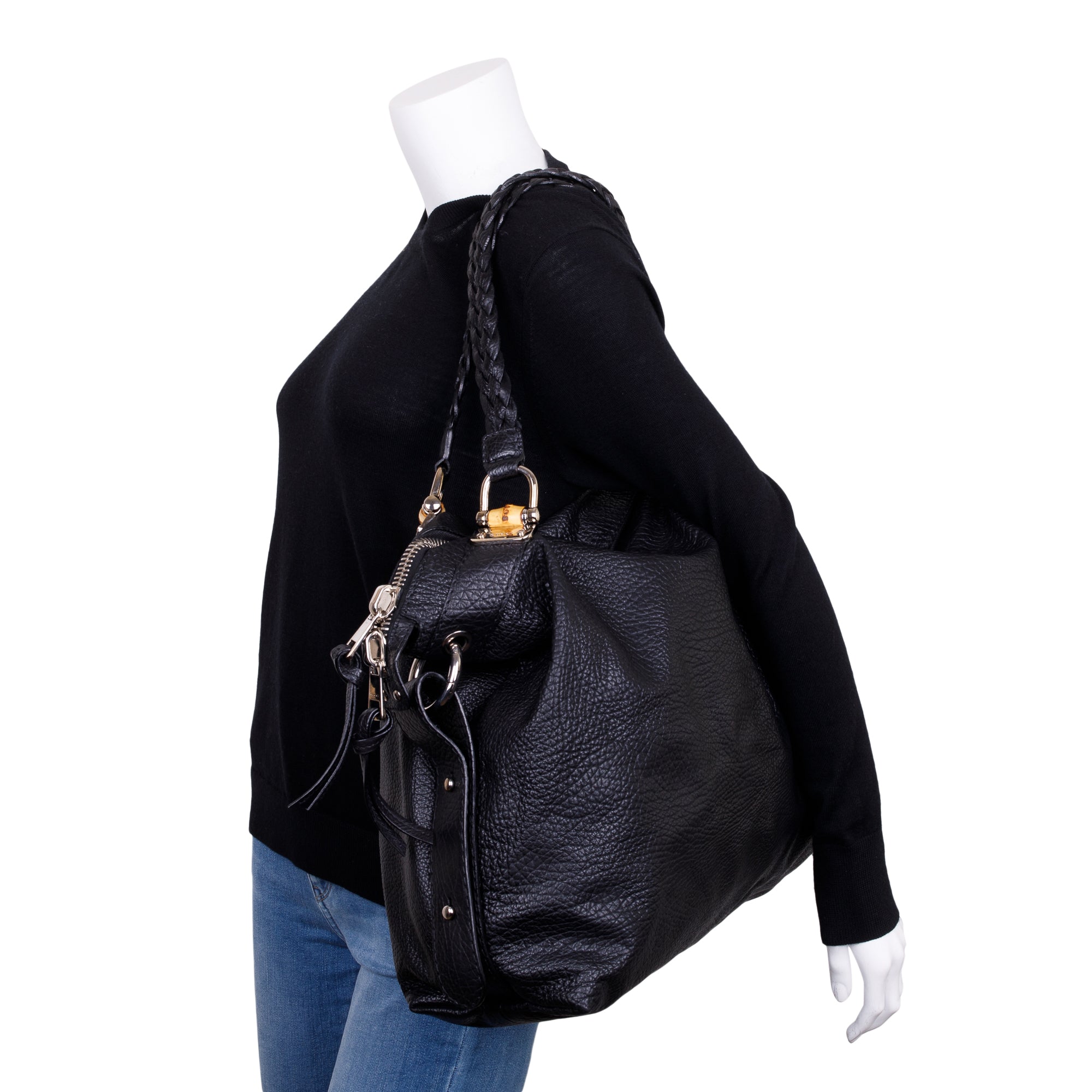 Gucci Black Pebbled Calfskin Leather Large Bamboo Bar Tote