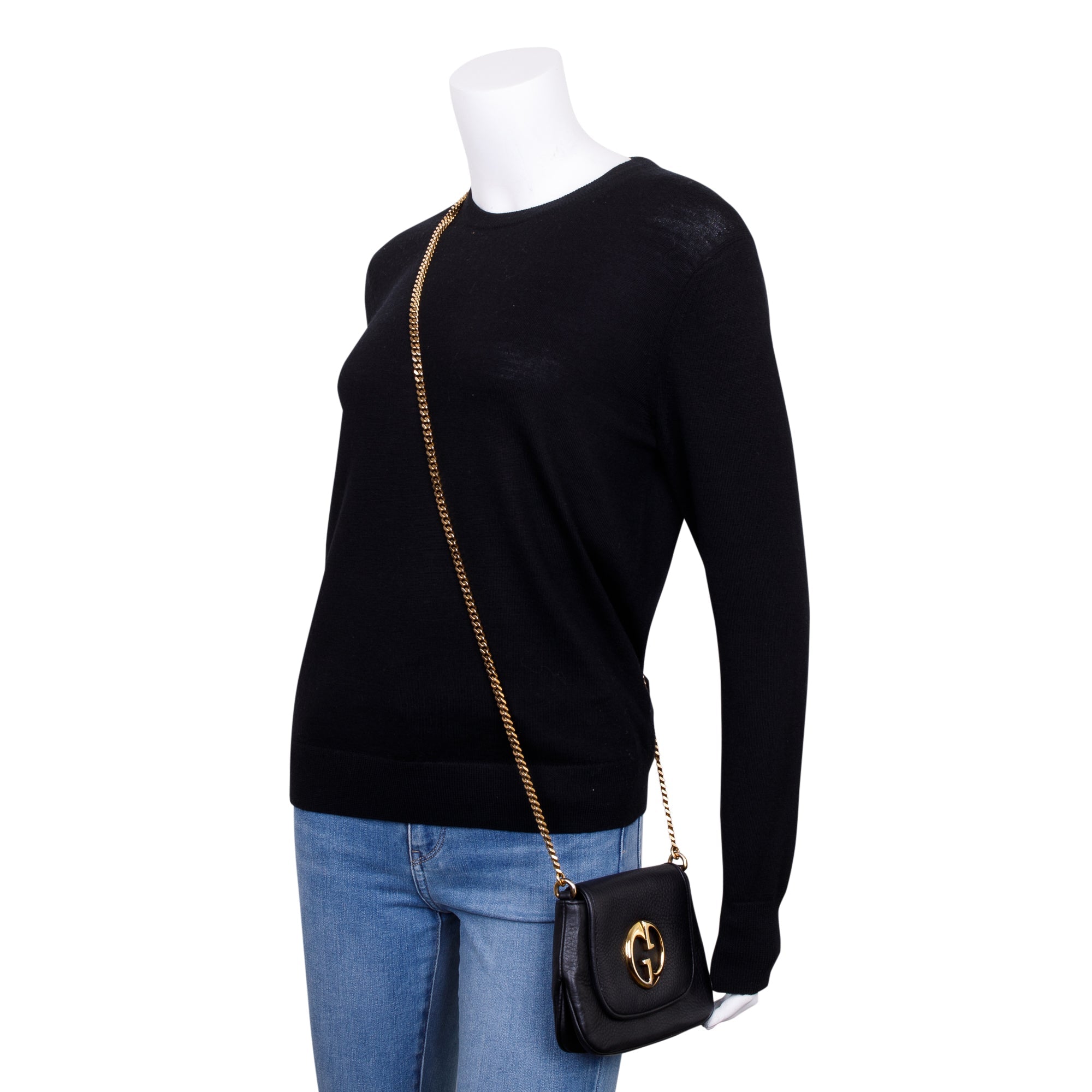 Gucci Black Pebbled Calfskin Leather Small 1973 Chain Shoulder Bag