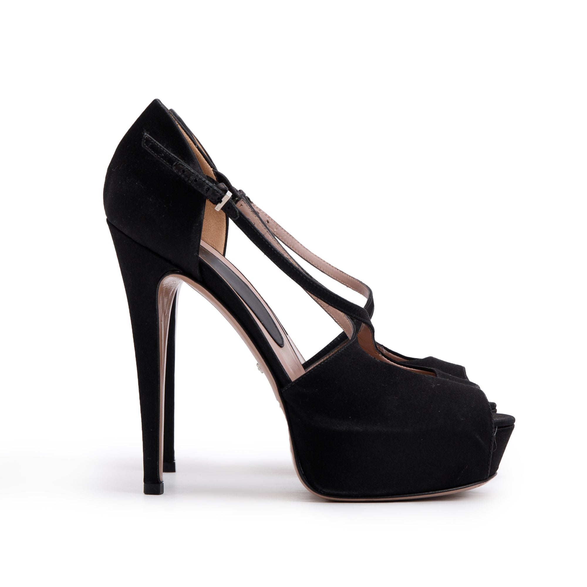 Gucci Black Satin Peep-Toe Platform Sandals, Size 37.5