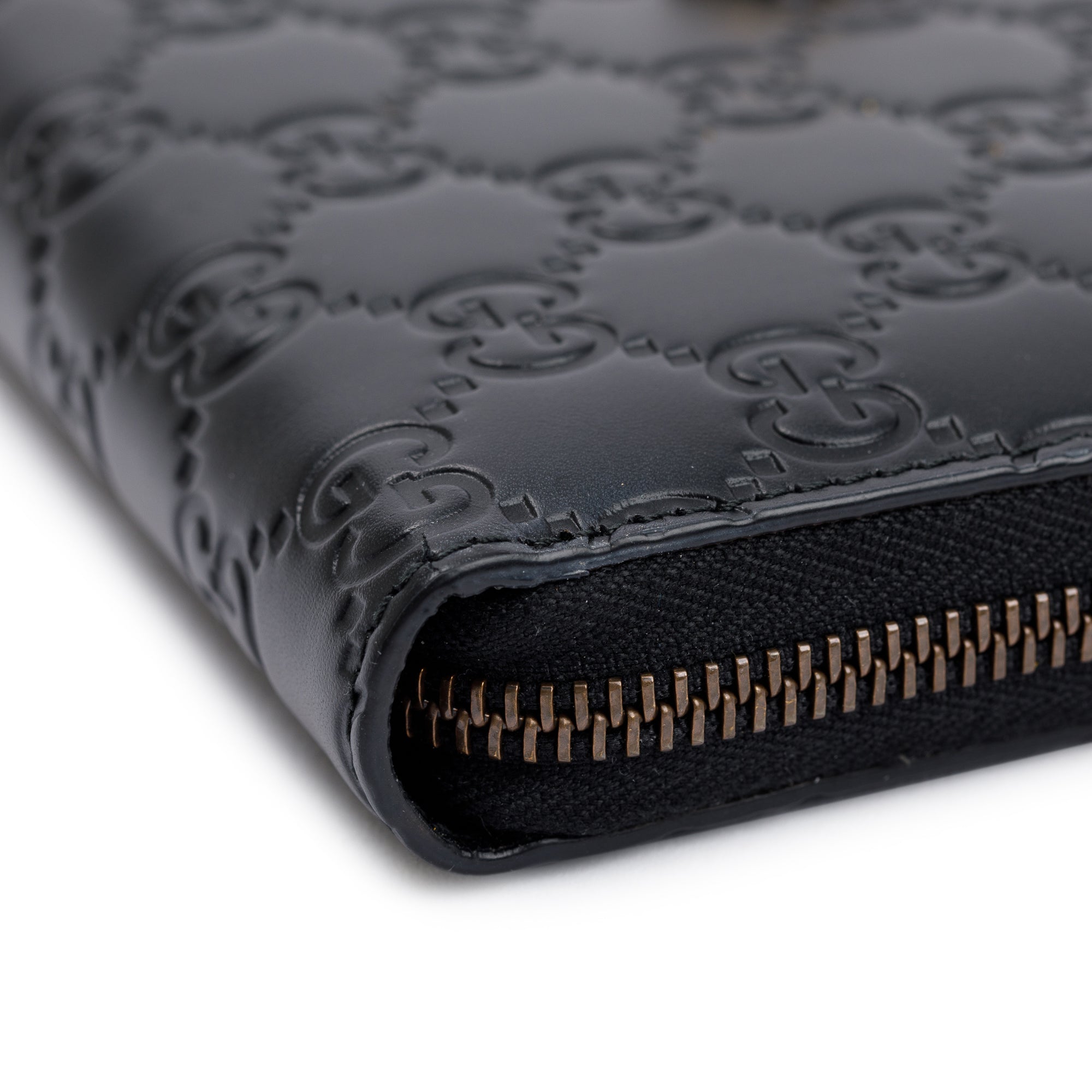 Gucci Black Signature Leather Cat Head Continental Zip Wallet