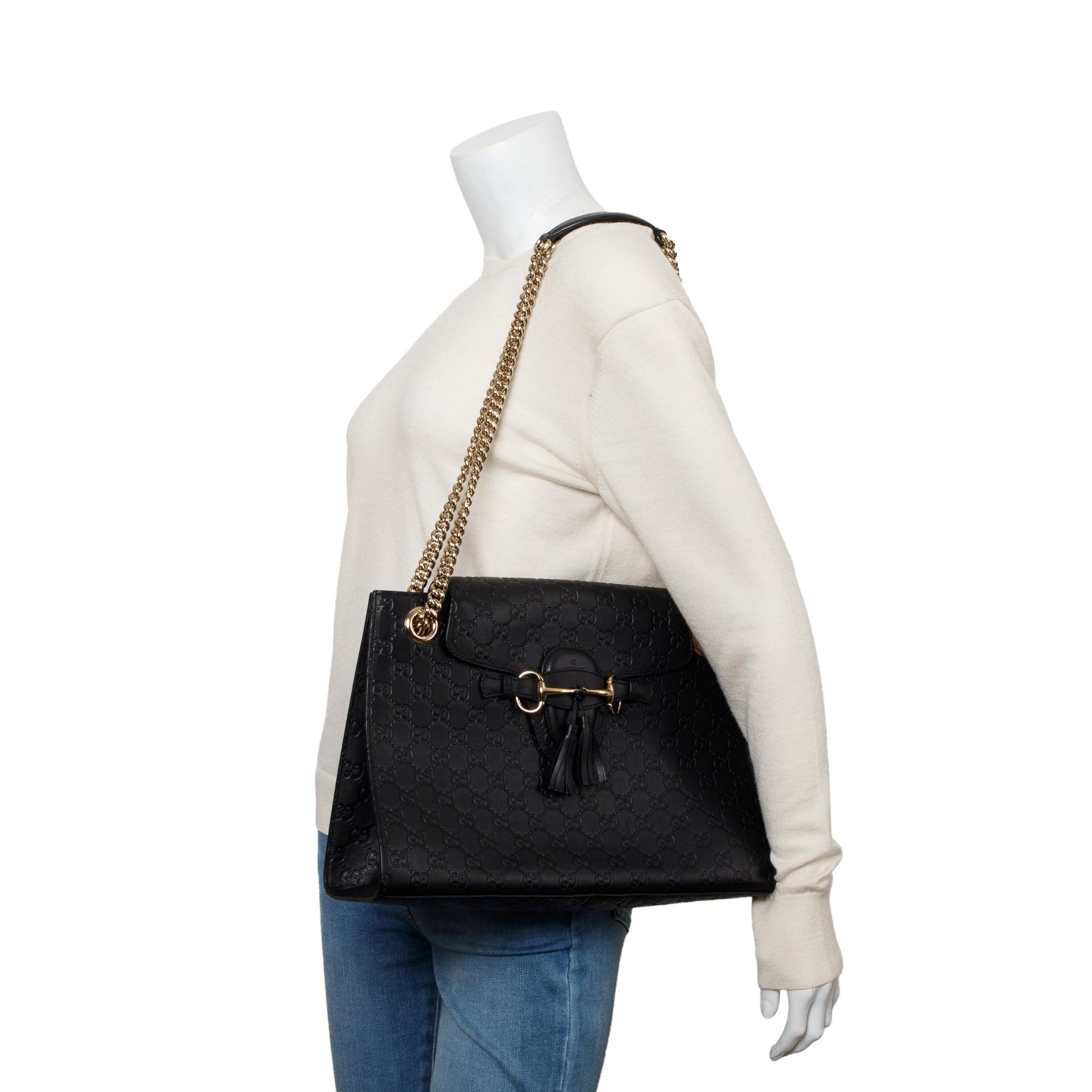 Gucci Black Signature Leather Large Emily Chain Shoulder Bag