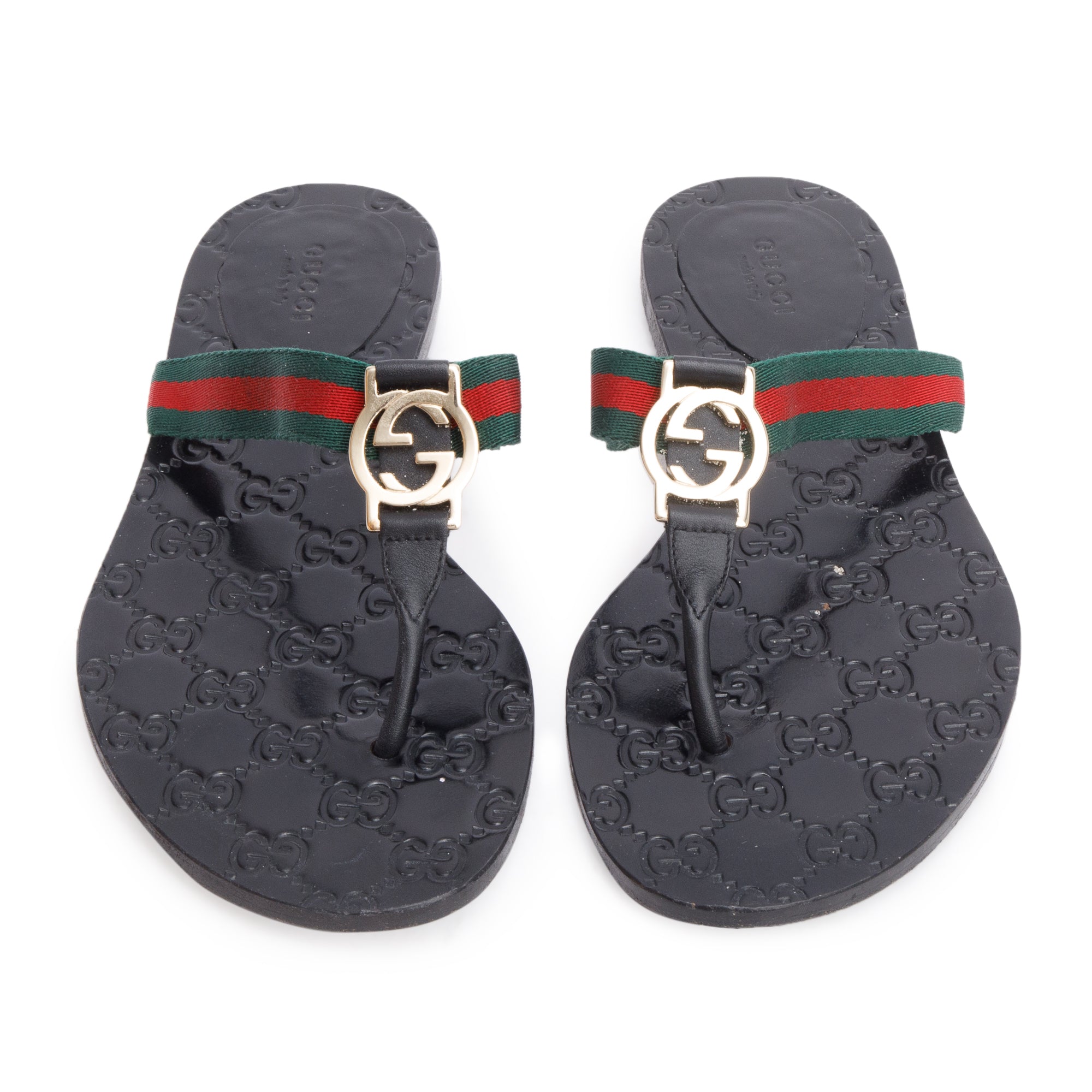 Gucci Black Signature Leather Web Canvas Interlocking G Logo Thong Sandals, Size 37.5
