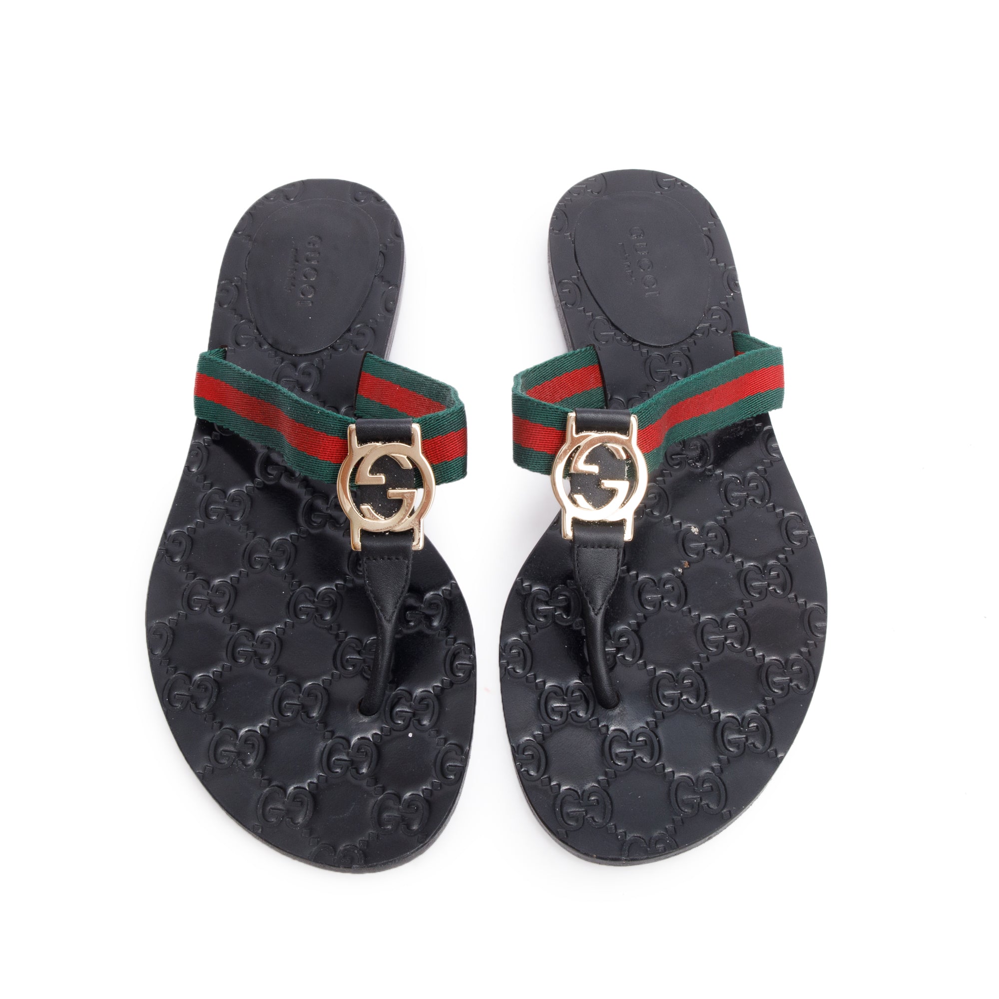 Gucci Black Signature Leather Web Canvas Interlocking G Logo Thong Sandals, Size 37.5
