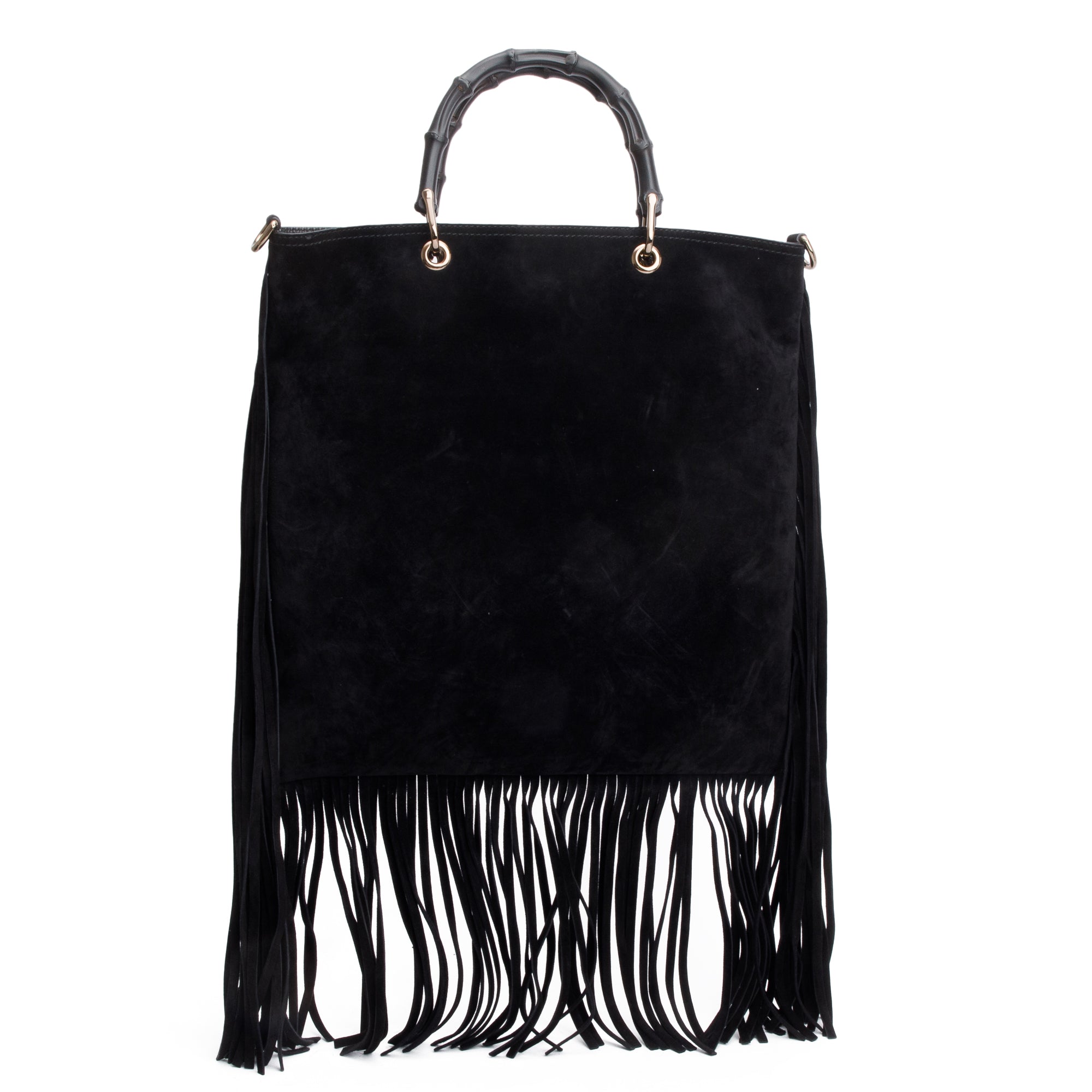 Gucci Black Suede Bamboo Fringe Shopper Tote w/ Strap