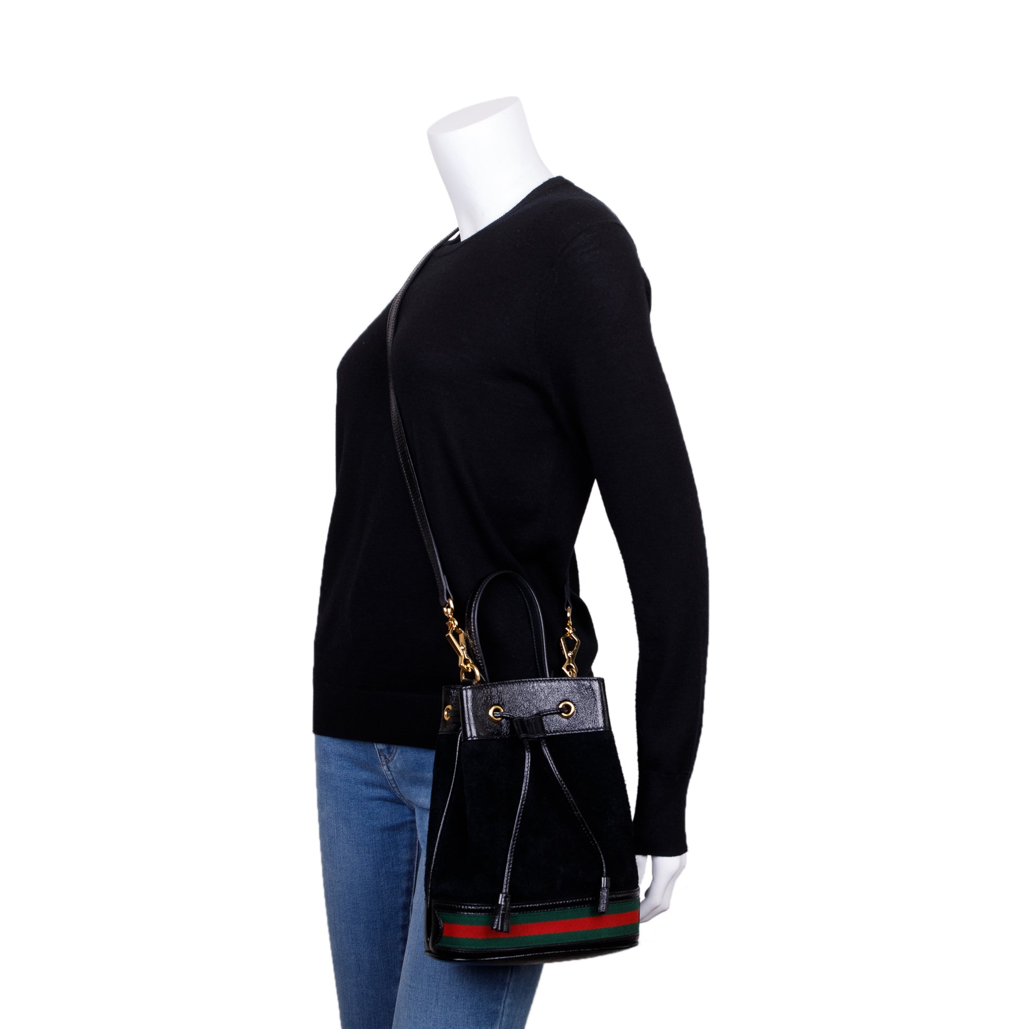Gucci Black Suede Ophidia GG Small Bucket Bag w/ Strap
