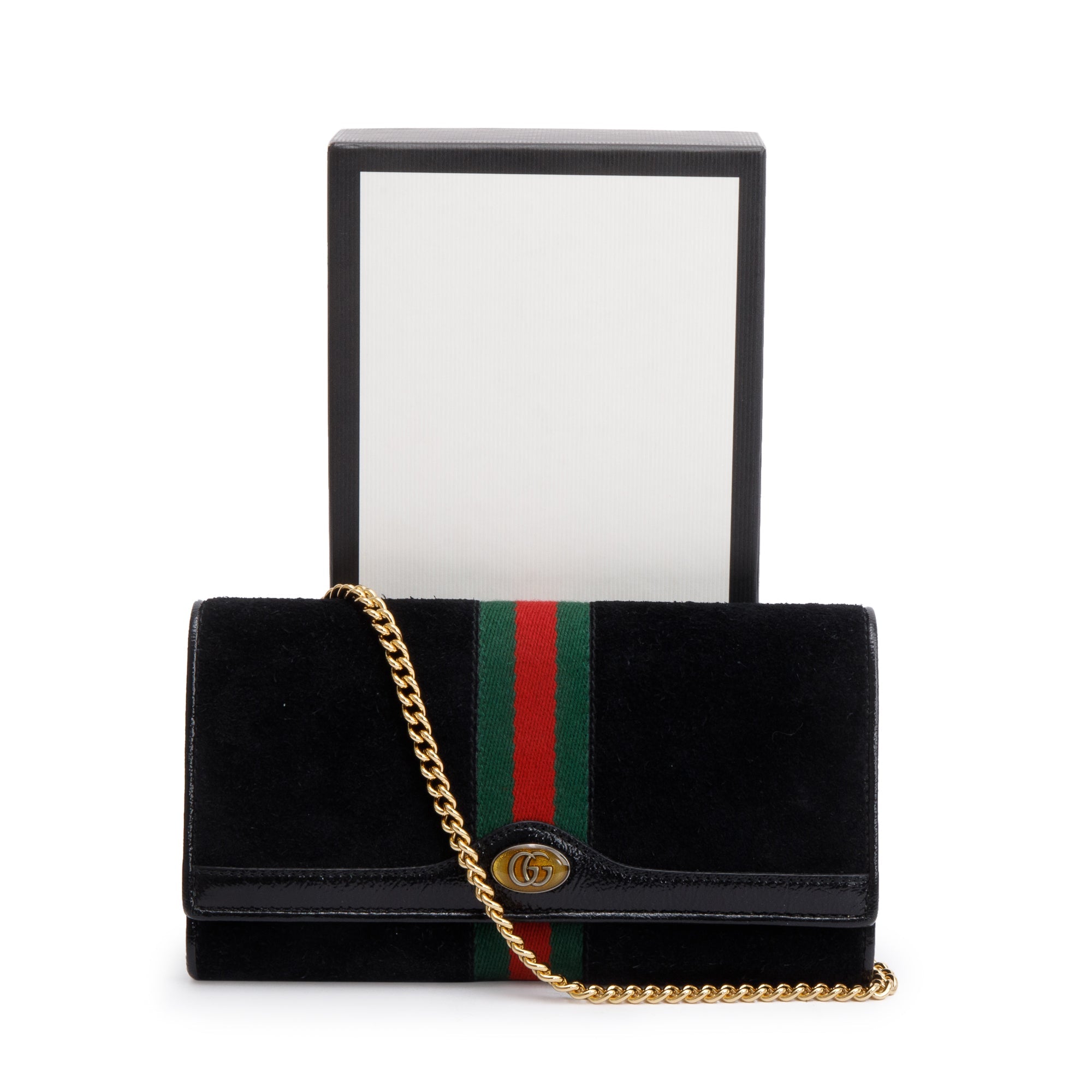 Gucci Black Suede Ophidia GG Web Wallet on Chain w/ Box
