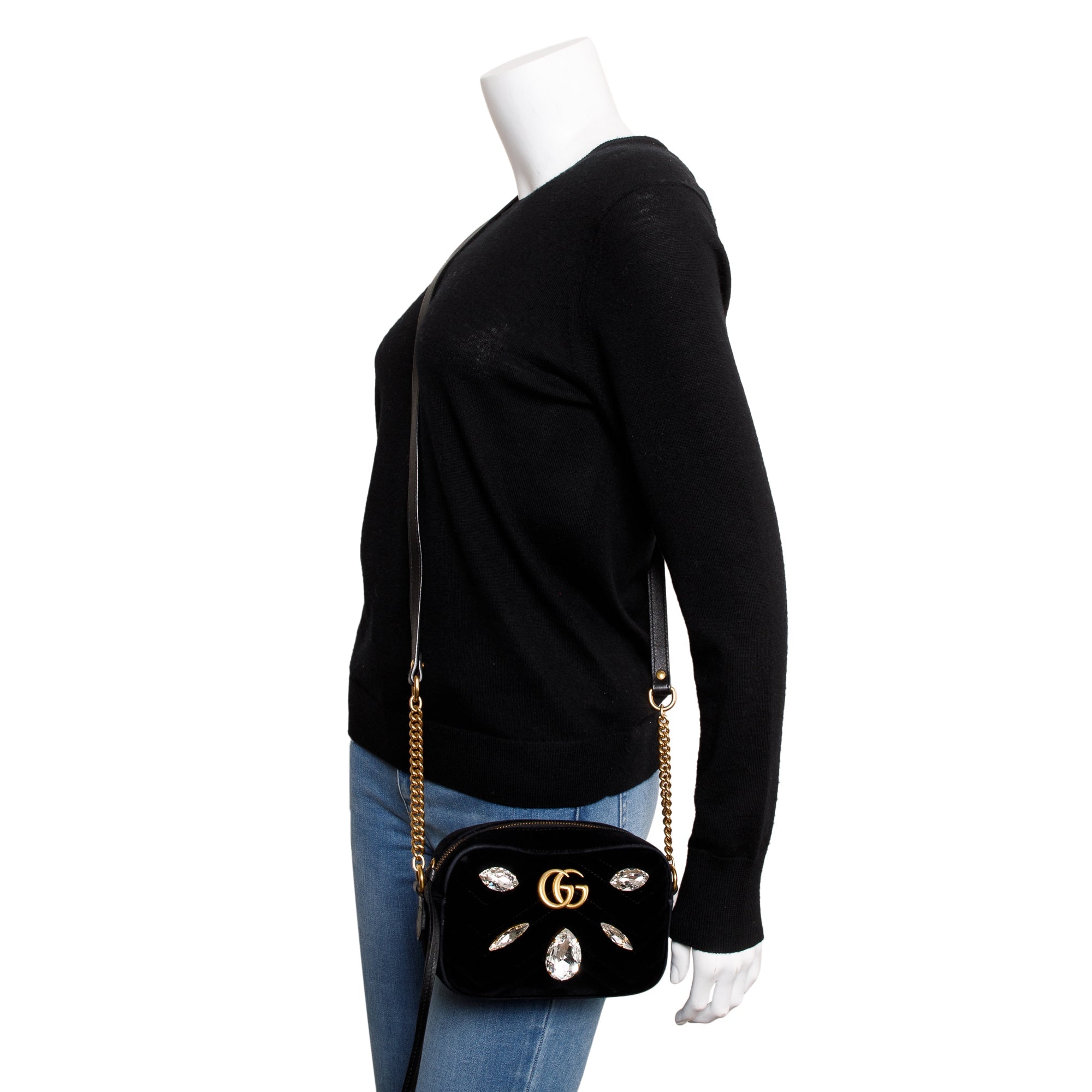 Gucci Black Velvet GG Marmont Matelasse Crystal Mini Shoulder Bag w/ Box & Receipt