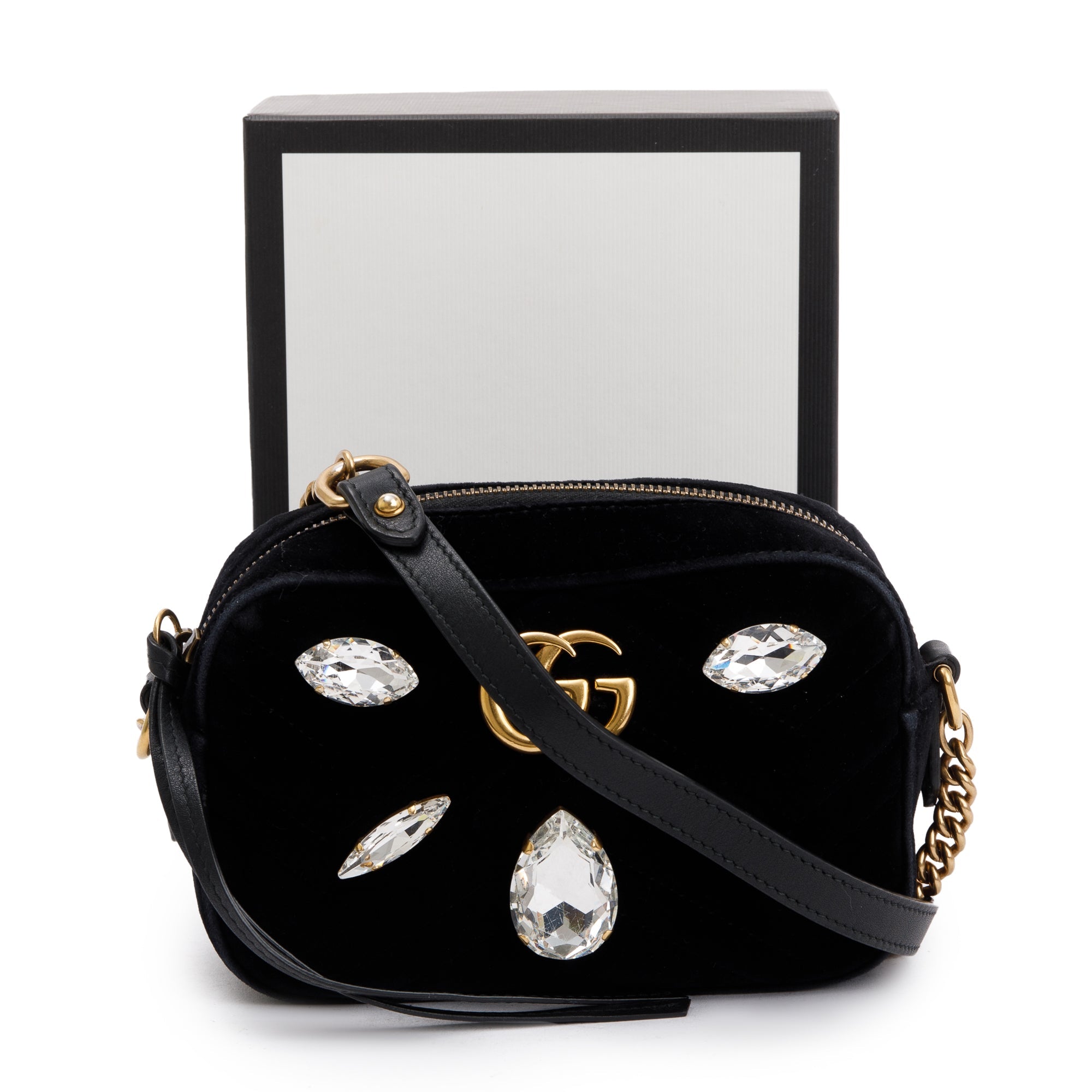 Gucci Black Velvet GG Marmont Matelasse Crystal Mini Shoulder Bag w/ Box & Receipt