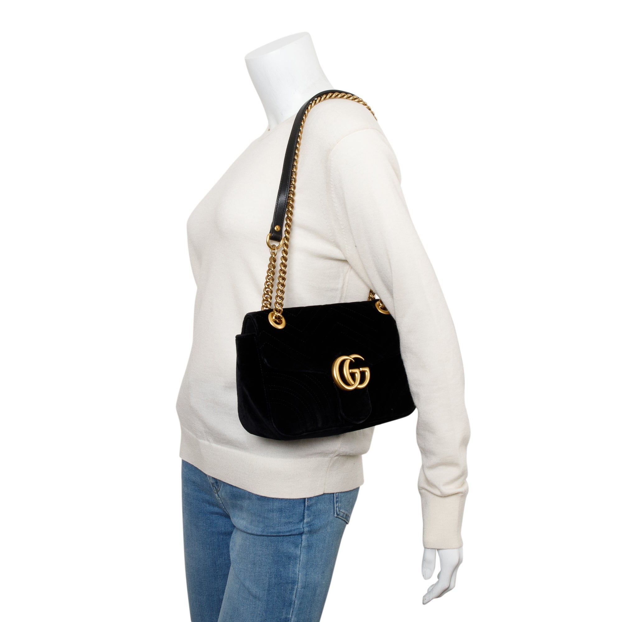 Gucci Black Velvet Matelasse GG Marmont Small Shoulder Bag