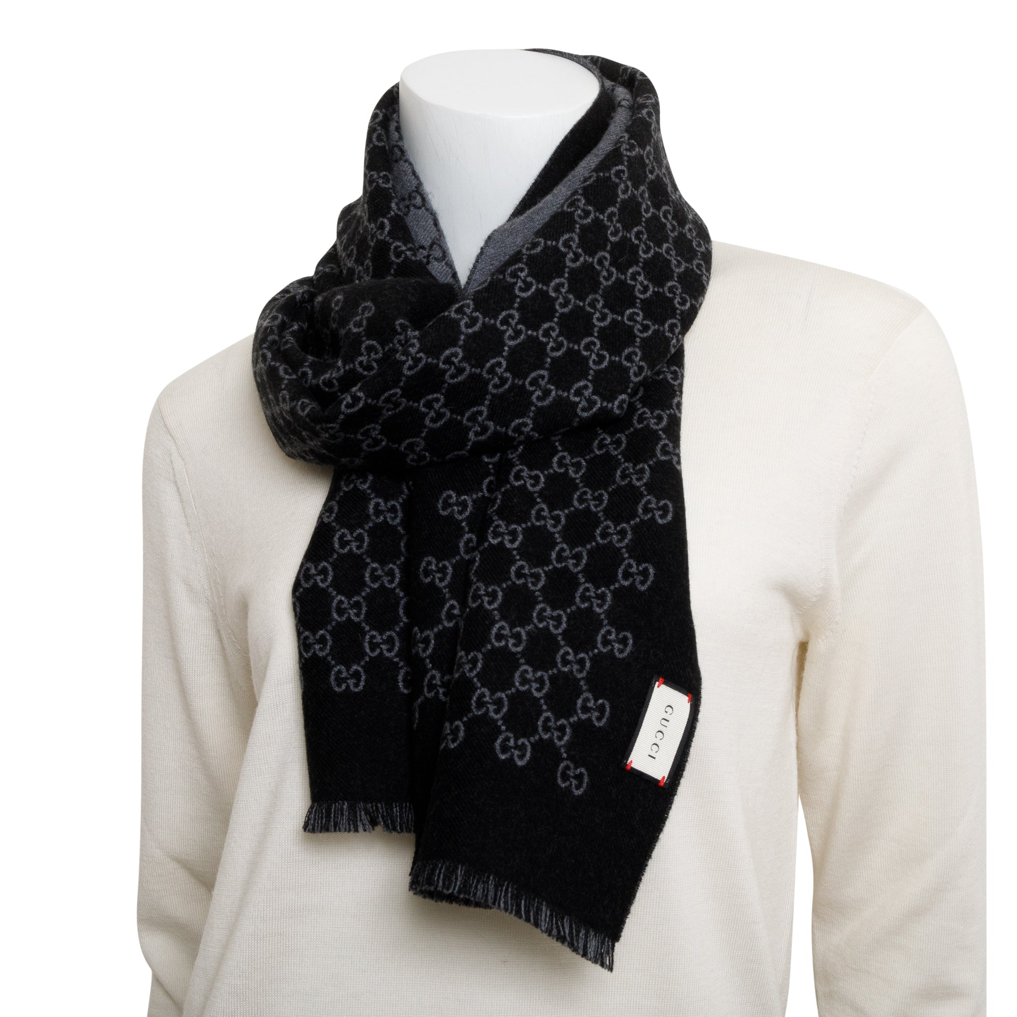 Gucci Black/Grey Double Jacquard GG Wool Scarf w/ Box