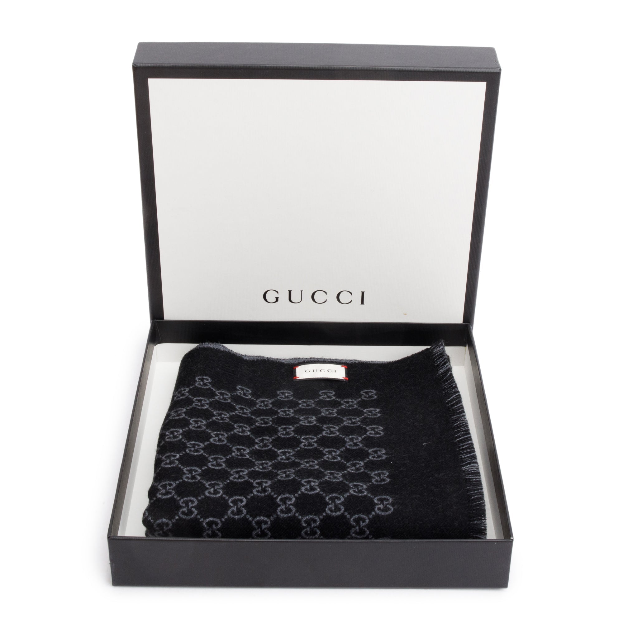 Gucci Black/Grey Double Jacquard GG Wool Scarf w/ Box