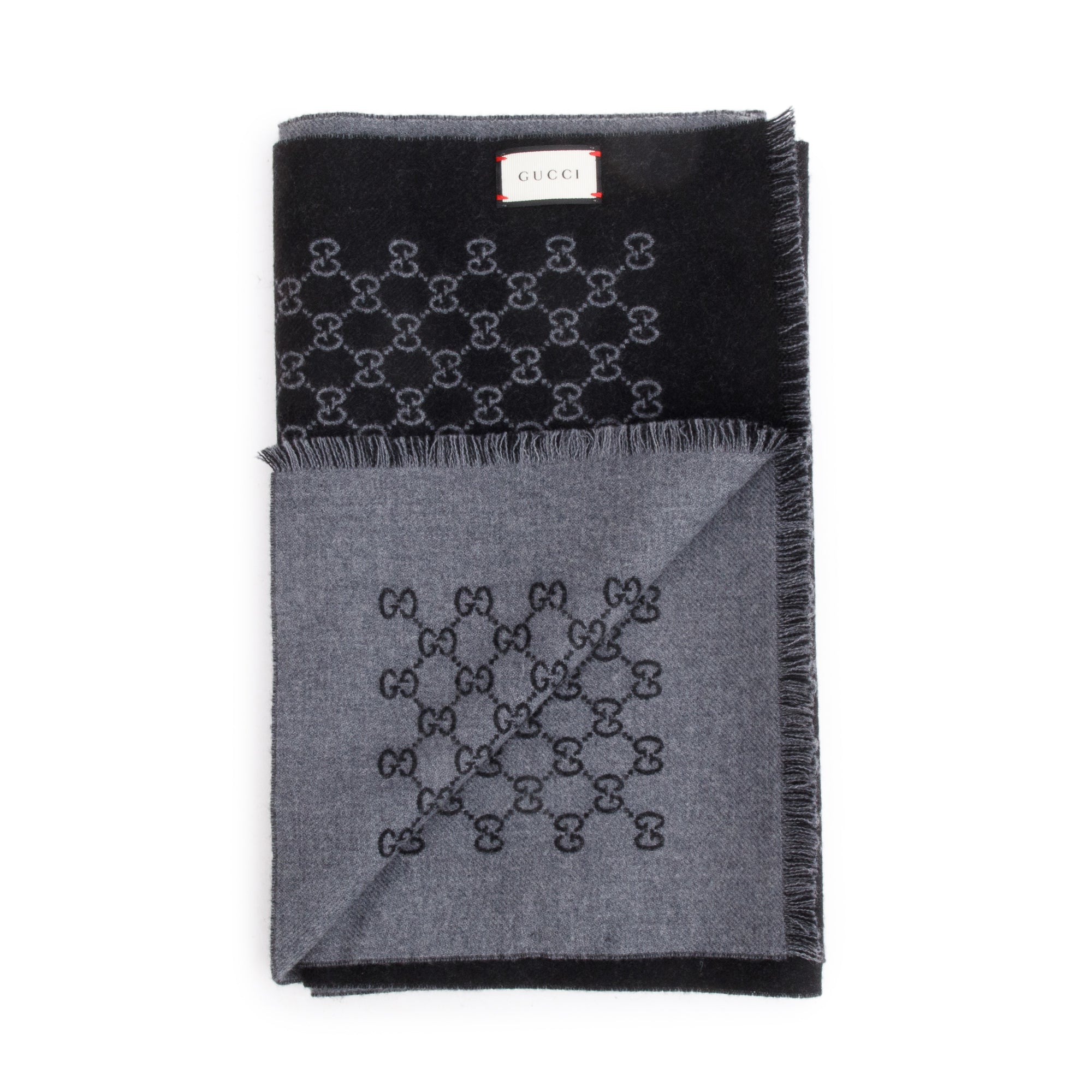 Gucci Black/Grey Double Jacquard GG Wool Scarf w/ Box