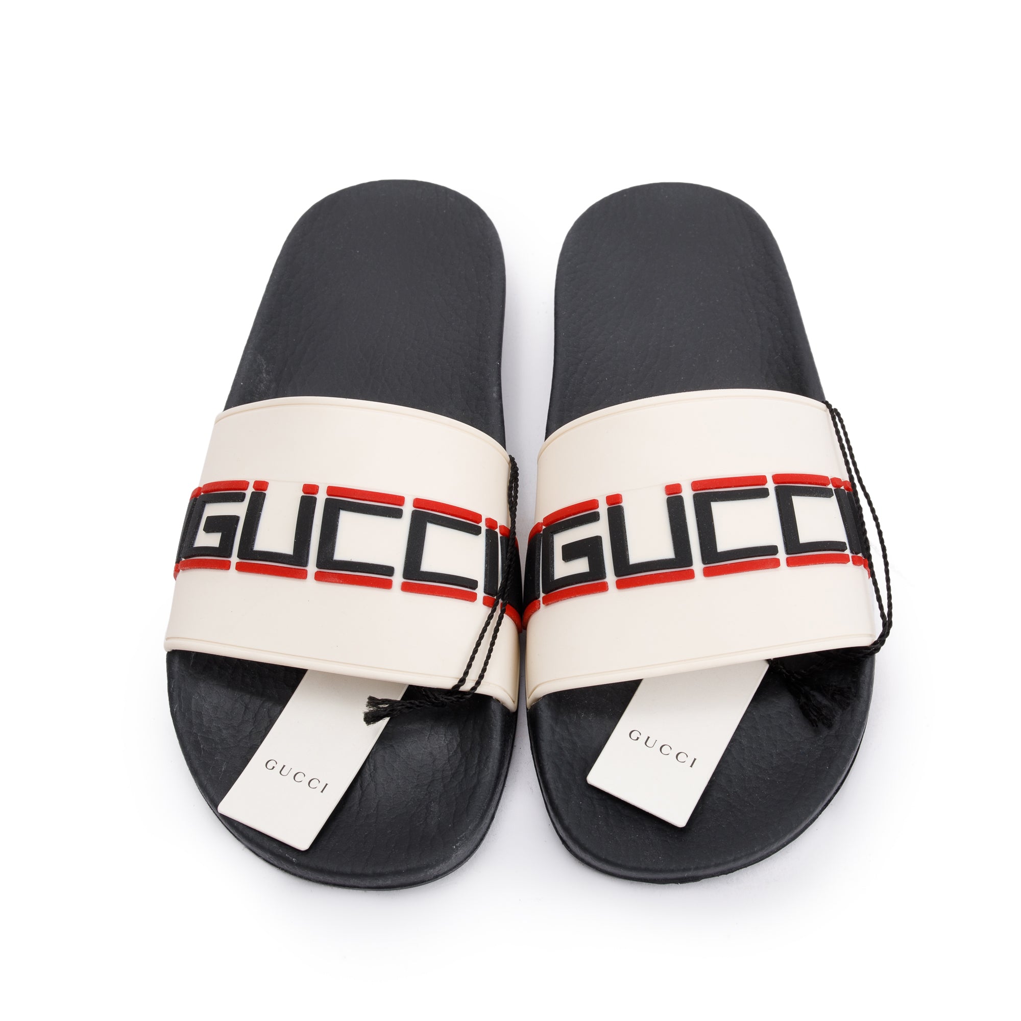 Gucci Black/White Rubber Logo Slides, Size 7.5 w/ Box