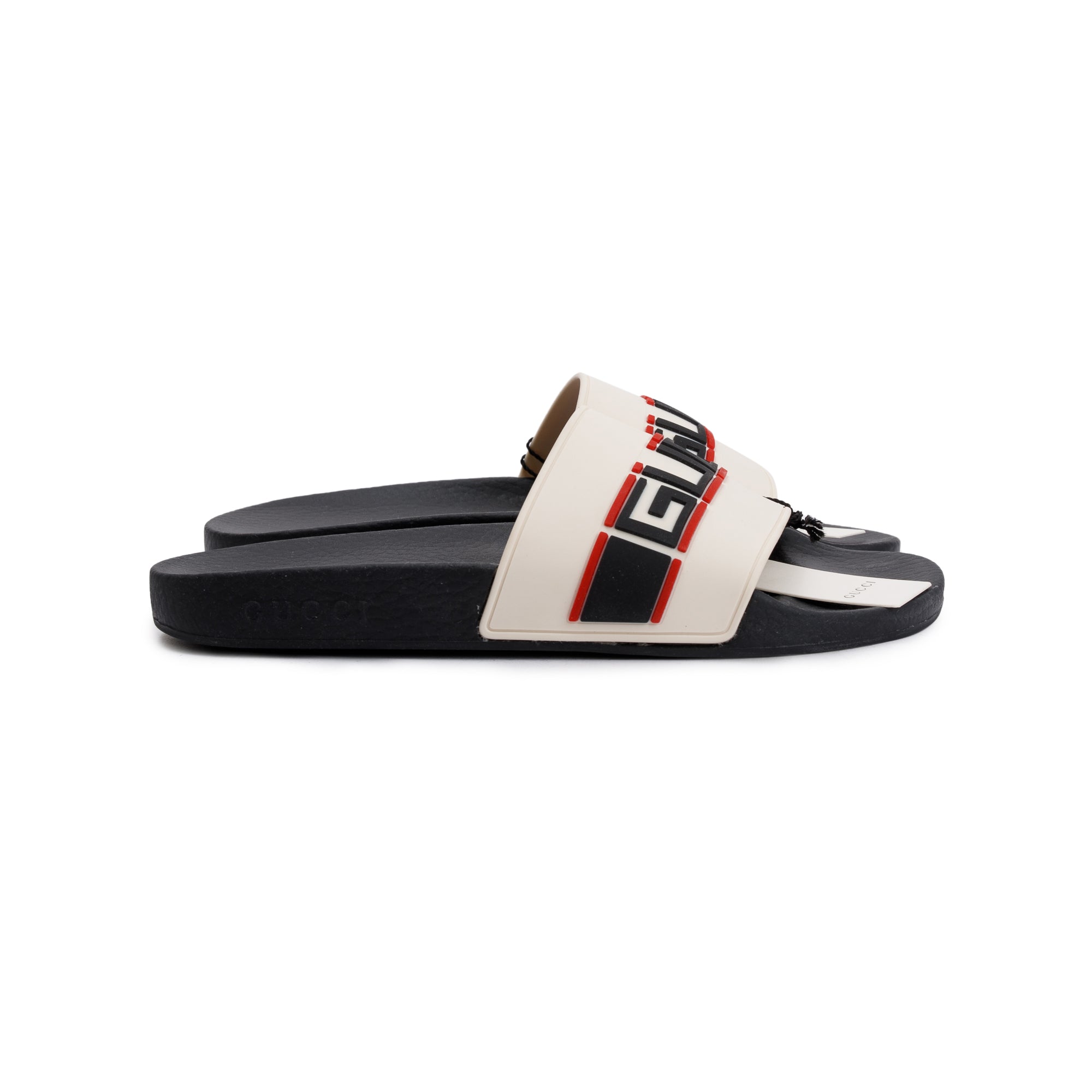Gucci Black/White Rubber Logo Slides, Size 7.5 w/ Box